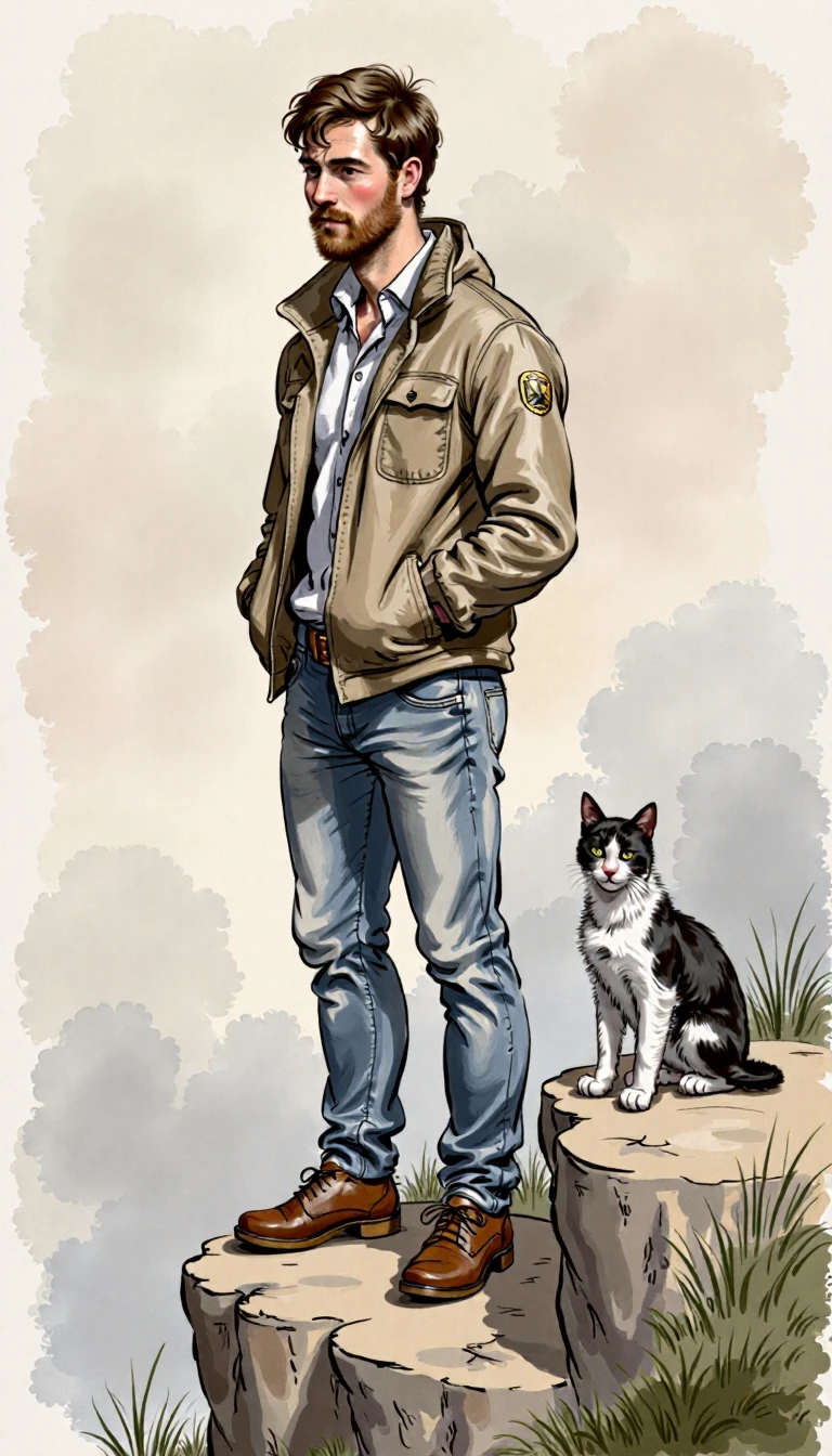 a man in his 30s with short beard standing with a cat beside him on a clif, drawing
, in the style of drwng