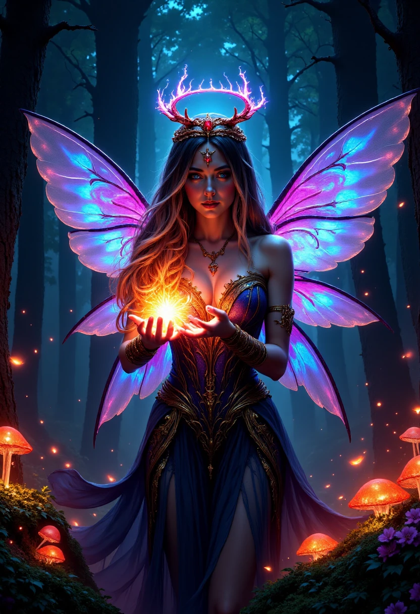 hkdetailer, upper body shot, a beautiful magical fairy, beautiful face details and long hair, casting colorful magical glowing spells with both hands, colorful magical fairy wings on her back, magical forest in background with glowing mushrooms <lora:FluxFantasyDetailerV2:1>