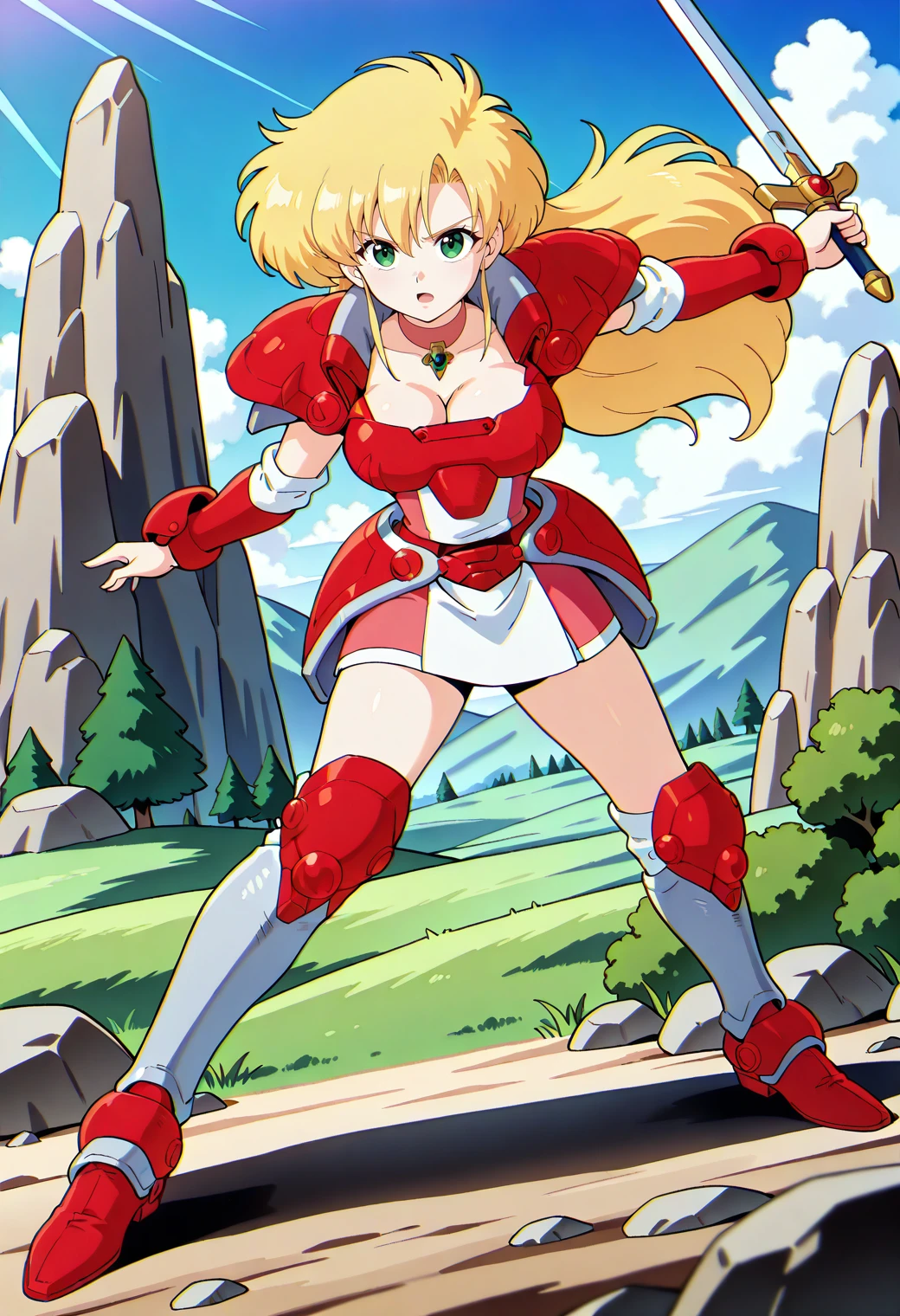 aretha_materia, retro artstyle, green eyes, blonde hair, long hair, choker, cleavage, red armor, shoulder armor, gauntlets, pauldrons, skirt, <lora:aretha_materia_illustrious_ver1:0.8> 
dynamic pose, fighting stance, serious, open mouth, full body, white greaves, red shoes, holding sword, holding weapon,, masterpiece, best quality, general,, 1girl, solo, (field:1.2), (blue sky:1.2), looking at viewer,