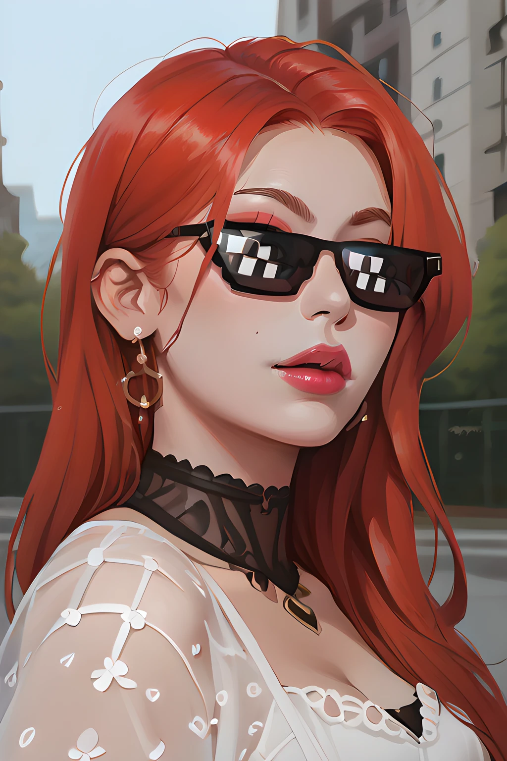 score_9,score_8_up,epiCPhoto,solo,
<lora:Yeji-04:0.8>,yeji,korean woman,pale skin,makeup,eyeshadow,lips,long hair,straight hair,red hair,upper body,fashion clothes,outdoors,<lora:Incase_Journals_style_r1:0.5>,icjournals,blocky,painterly,<lora:g0th1cPXL:0.25>,g0th1cpxl,<lora:ARKN:0.25>,arkn,<lora:DealWithIt_XLPD:1>,incrsxldealwithit,sunglasses,