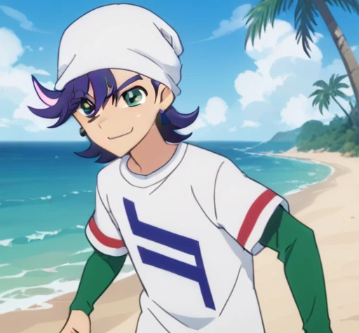 male, multicolored hair, two-tone hair, streaked hair, purple hair, pink hair highlights, bandana, earrings, jewelry, white short-sleeve shirt, white print shirt, green long-sleeve shirt, layered sleeves, short over long sleeves, sleeves past wrists, beach, ocean, sun, sand, day, palm tree, running, smile