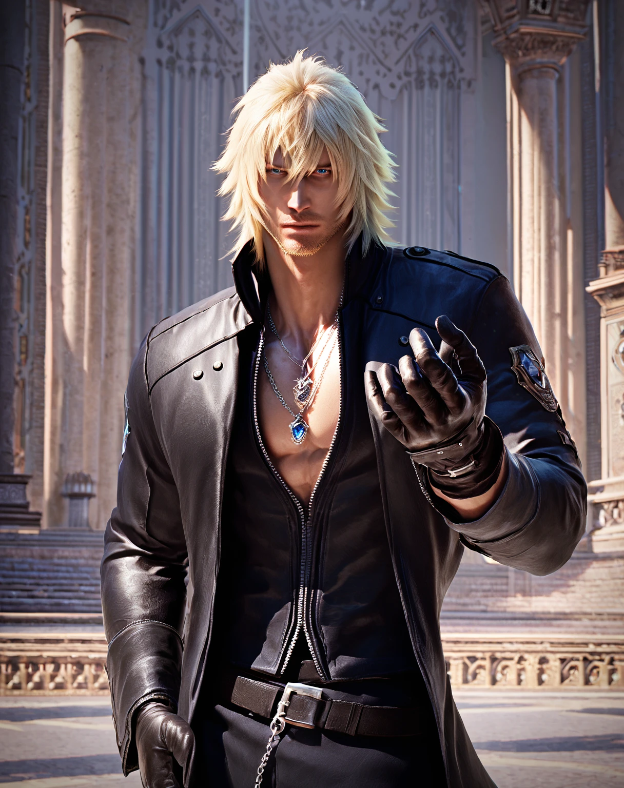 score_9, score_8_up, score_7_up, score_6_up, snowvilliers, solo, looking at viewer, blue eyes, long hair, blonde hair, 1boy, jewelry, black jacket, coat, gloves, male focus, necklace, facial hair, stubble, palace, realistic