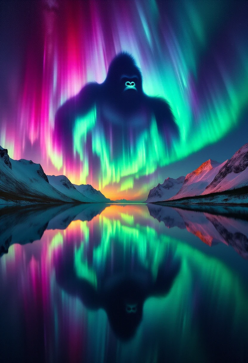 <lora:Aurora_BorealiStyler_FLUX-000018:1.0>
This image is a vibrant, digital illustration depicting a surreal scene of a giant gorilla silhouette superimposed over a stunning aurora borealis display.