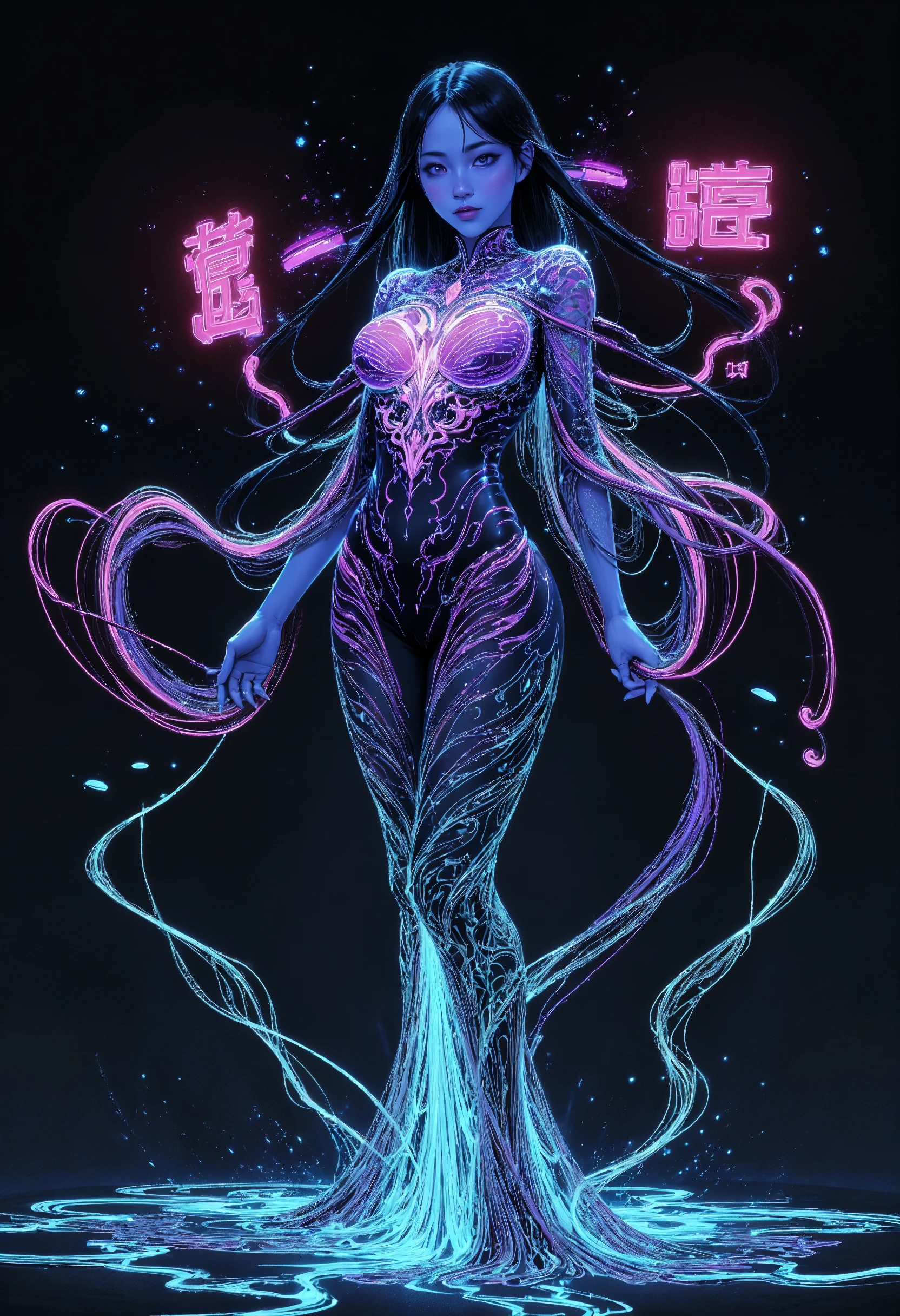 (in Otomo Katsuhiro style:1.2), masterpiece, high-quality, An electric poet, her form an outline of neon wires against a dark backdrop, each line flowing in calligraphic strokes as if shes made of flowing ink, Shes surrounded by floating glowing symbols that shift with her movements like characters in an illuminated manuscript forming abstract poetry in the air, neon calligraphy, electric verse, illuminated symbols, (Stylized neon minimalism with flowing linework and a dark, high-contrast palette:1.1), (elaborate fine details:1.1), (hyperdetailed:1.1), (intricate details:1.0), (Refined details:1.1), (best quality:1.1), (high resolution:1.2),