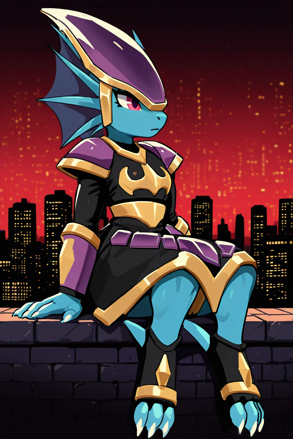 feminine, masterpiece, best quality, newest, absurdres, highres, merga_fp, aquatic dragon, ear fins, helmet, head fin, armor, armored dress, armored skirt, toeless footwear, toe claws, sitting on brick wall, city background, urban, ((cityscape)), relaxed,
BREAK
 (((red background))), boxed background, outdoor, dark setting, dynamic background, <lora:Merga_IL:1>