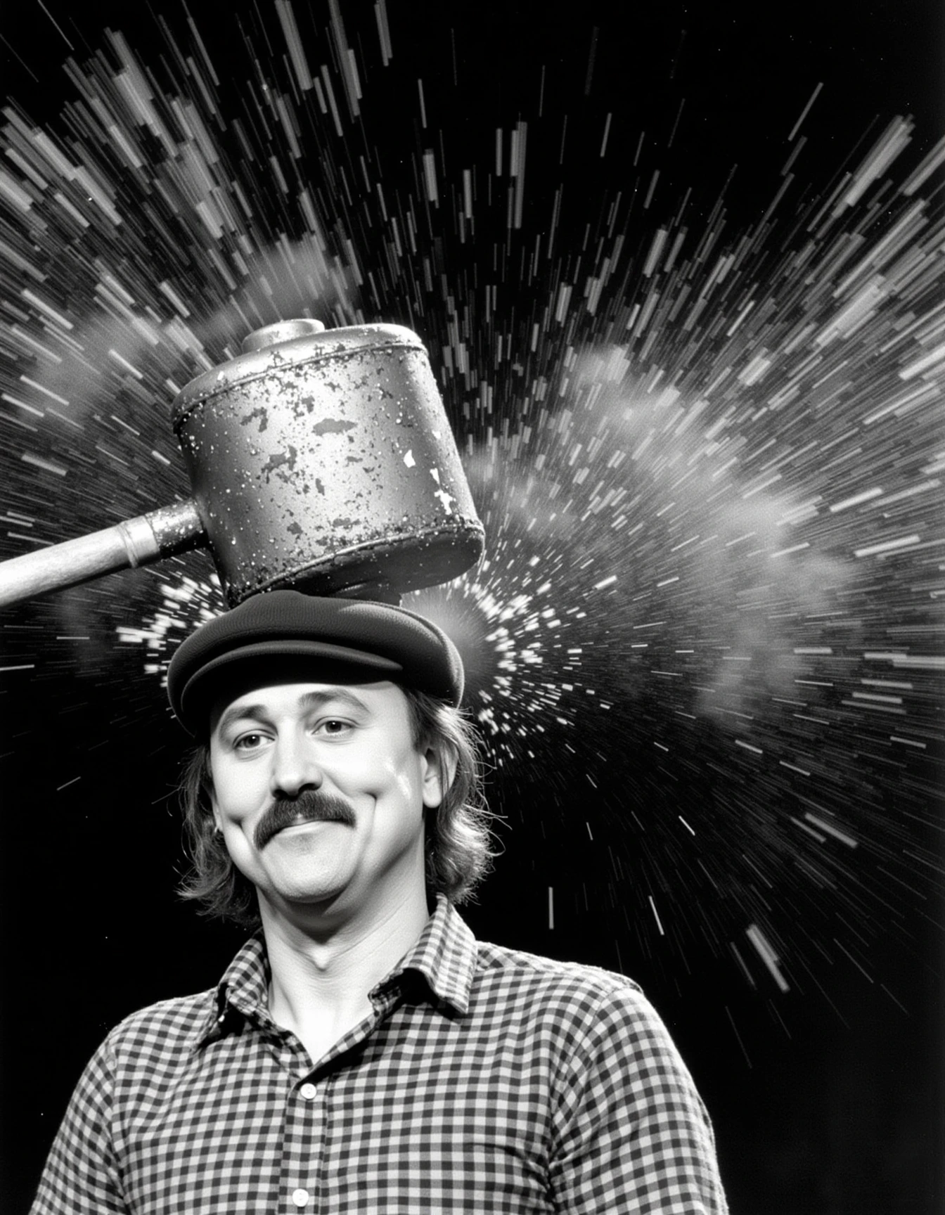 A photo of 1980s Gallagher in a flat cap obliterating his own head with a Sledge-O-Matic sledgehammer.