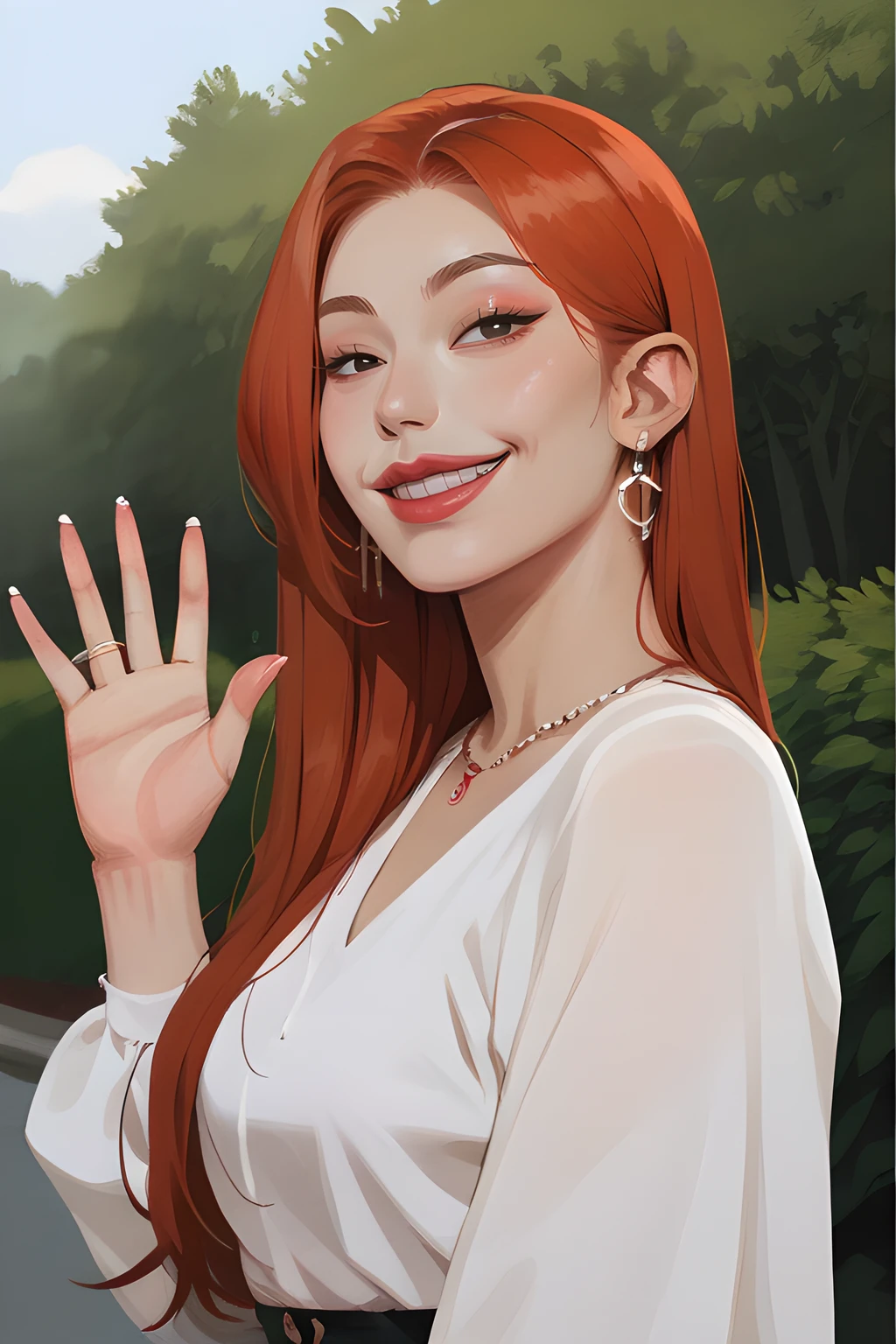 score_9,score_8_up,epiCPhoto,solo,
<lora:Yeji-04:0.8>,yeji,korean woman,pale skin,black eyes,makeup,eyeshadow,lips,long hair,straight hair,red hair,upper body,smile,fashion clothes,waving hand,outdoors,<lora:Incase_Journals_style_r1:0.5>,icjournals,blocky,painterly,<lora:g0th1cPXL:0.25>,g0th1cpxl,<lora:ARKN:0.25>,arkn,