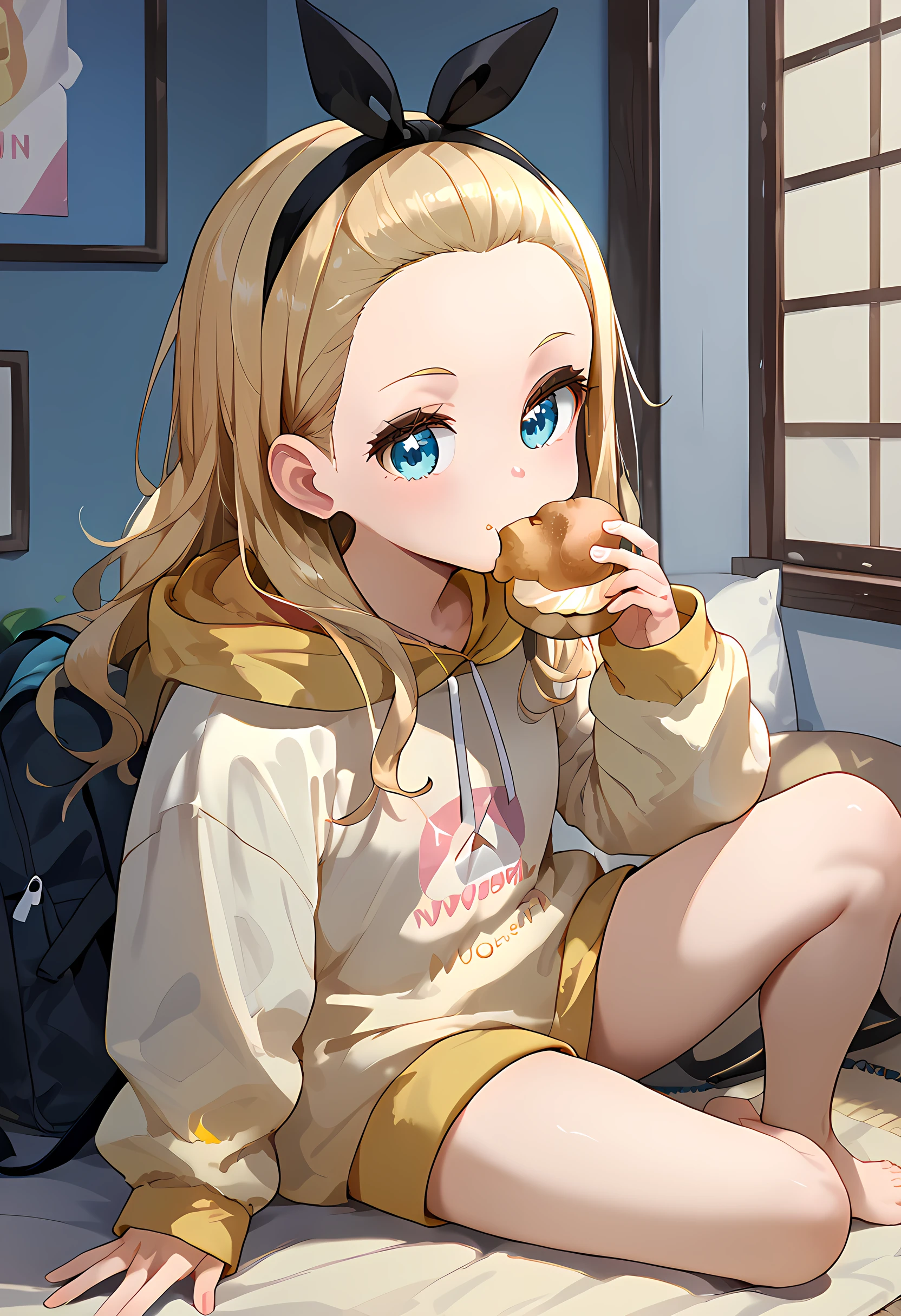 score_9, score_8_up, score_7_up, score_6_up, 1girl, kurumi \(lycoris recoil\), blonde hair, hair ribbon, long hair, black ribbon, blue eyes, ,hoodie, white hoodie, drawstring, long sleeves ,sleeves past fingers, barefoot, eating, cream puff <lora:Cream_puff:1> <lora:Kurumi:1>