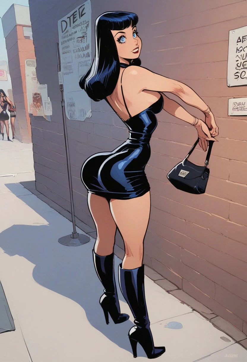 score_9_up, score_8_up, score_7_up, source_cartoon, 1girl, solo, prostitution on the street a prostitute is standing at a street,small black bag,  cornersexy, hooker, black hair, blue eyes, black dress, high boots, long hair, pompadour, mature, sexy pose,
bubble ass