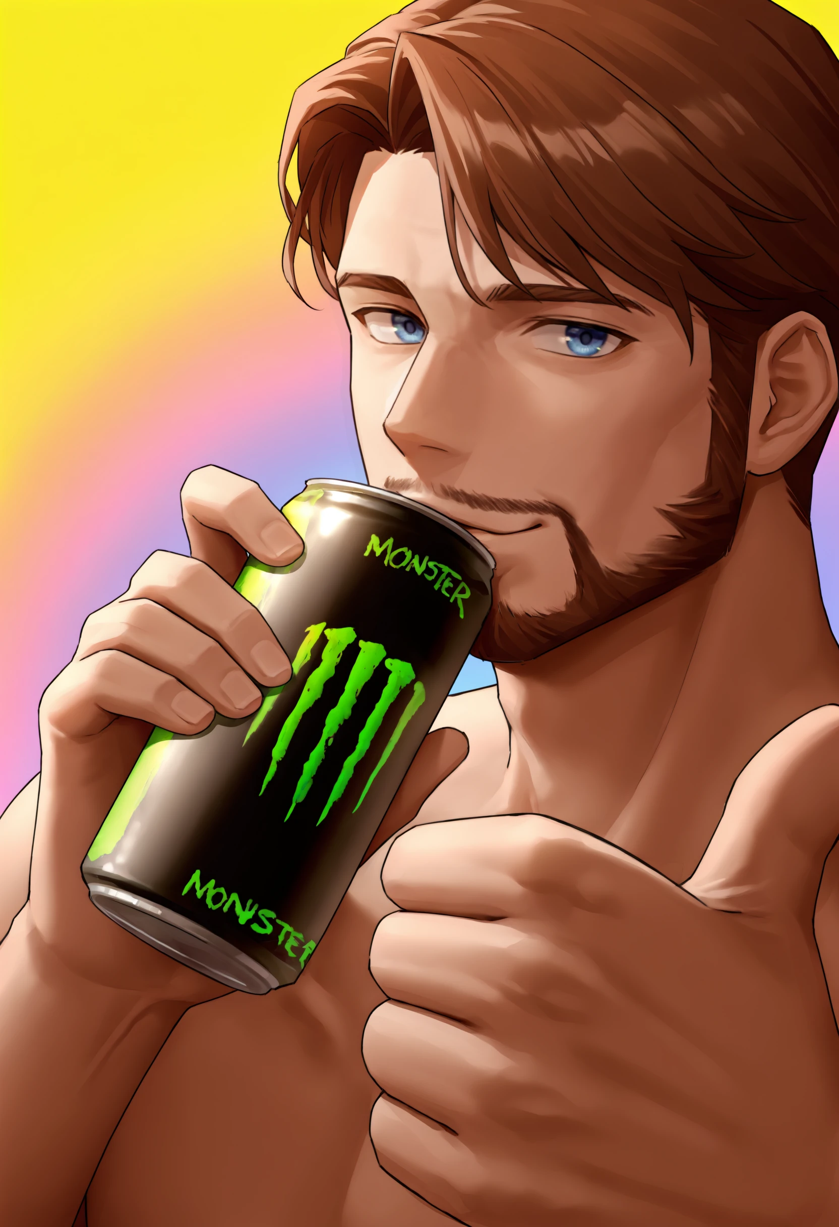 masterpiece, best quality, 1boy, solo,  jeloanrsn, brown hair, blue eyes, facial hair, monster energy, can, holding, drinking, rainbow background, looking at viewer, thumbs up<segment:yolo-Anzhc Face seg 640 v2 y8n.pt,0.4,0.3//cid=1><segment:yolo-Anzhc Breasts Seg v1 1024m.pt,0.4,0.3//cid=2>