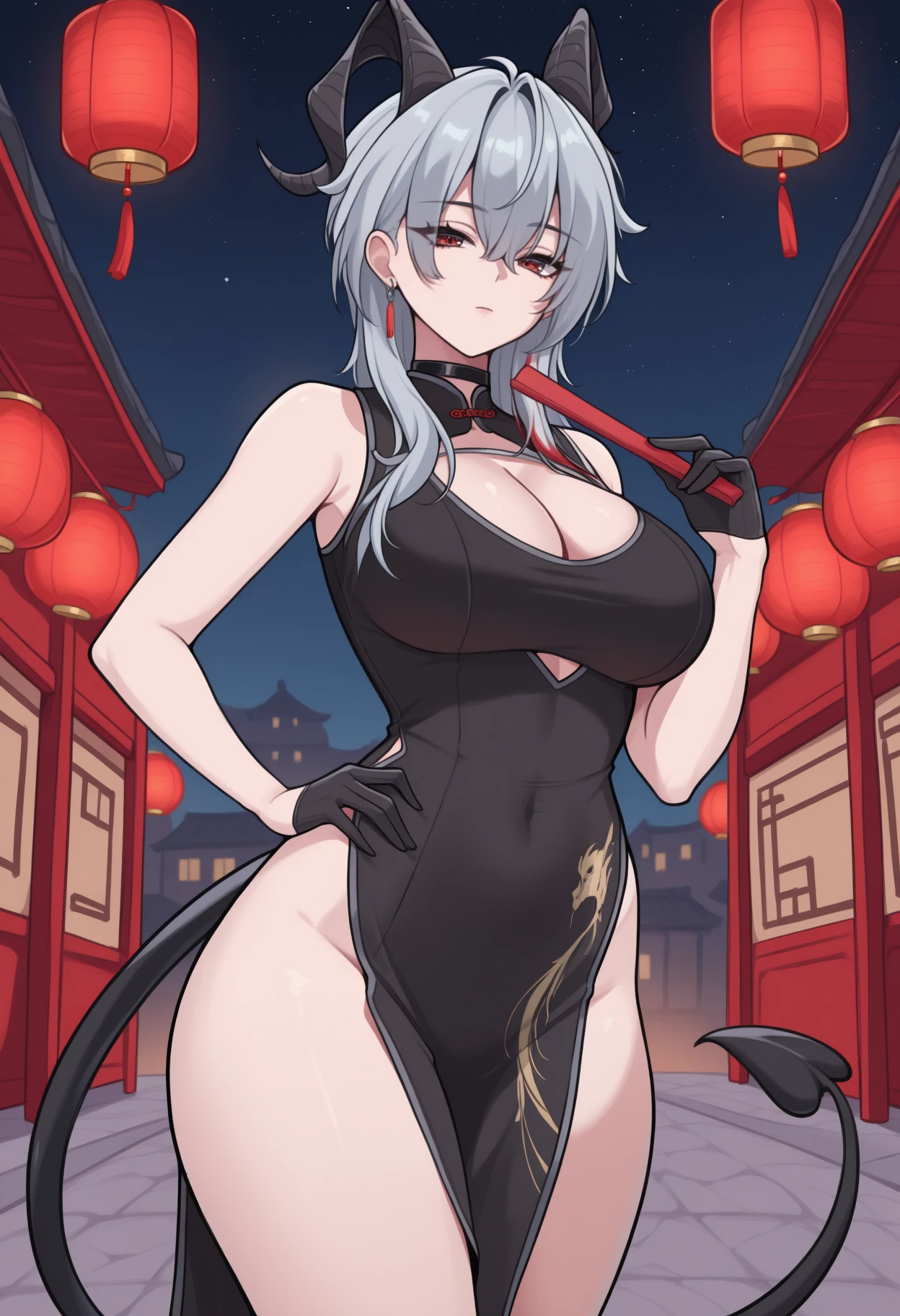 masterpiece, best quality, <break> solo, 1girl, z4ni, demon tail, expressionless, looking at viewer, standing, holding fan, folding fan, hand on own hip, long hair, multicolored hair, grey hair, hair between eyes, goat horns, demon horns, red eyes, chinese clothes, black dress, china dress, sleeveless dress, cleavage cutout, pelvic curtain, black gloves, half gloves, earrings, black choker, bare shoulders, large breasts, outdoors, night, starry sky, town, paper lantern
<segment:yolo-Anzhc Face seg 640 v2 y8n.pt,0.4,0.5//cid=1>