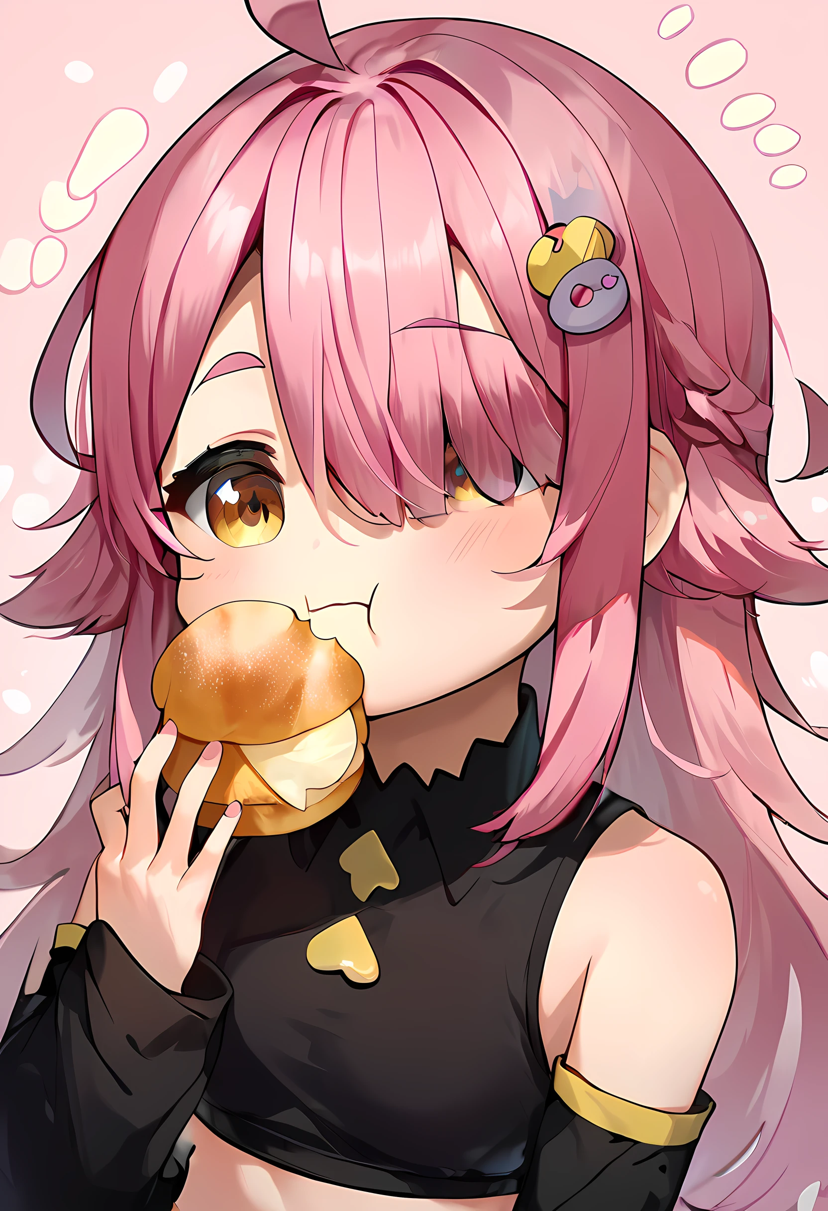 score_9, score_8_up, score_7_up, score_6_up, 1girl, yellow eye, pink hair, long hair, hair over one eye, ahoge, black crop top, detached sleeves, black sleeves, hair ornament, chibi, cute, upper body, holding, food, eating, cream puff, munching, <lora:Cream_puff:1>