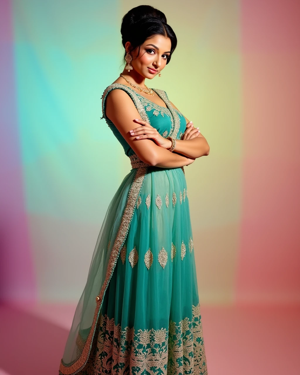 full body photo of Sharmila Tagore woman,candid photo with natural colors, pouting expression on face,studio quality, wearing intricate conservative sleeveless Teal Long Anarkali Gown, high ponytail, pastel shaded multicolored background, cinematic soft lighting<lora:TestBed\Sharmila_Tagore_2024_Flux_Kohya_LoRA_v1-000004.safetensors:0.8:0.8>