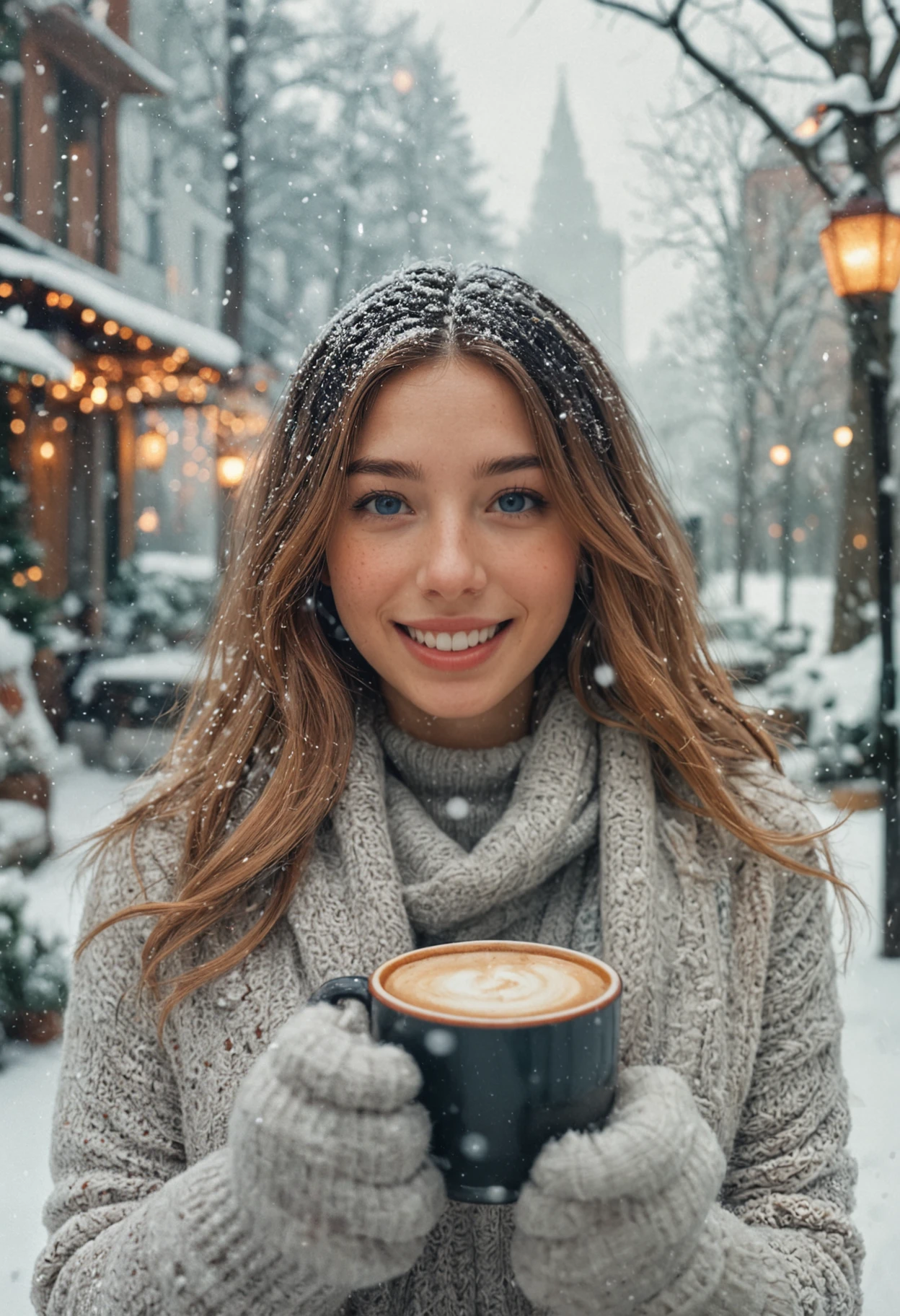 In a picturesque snow-covered village, a radiant young woman wearing a snug wool sweater and knitted mittens holds a steaming cup of cocoa, her cheeks flushed with excitement. As snowflakes swirl around her, she bursts into laughter while engaging in a playful snowball fight with friends. The twinkling holiday lights on nearby homes create a magical backdrop, perfectly capturing the thrill of winter festivities.<lora:MyLoras\Scandinavian Girls Oct4th\ScandiGirl_Style-000015.safetensors:1.0:1.0>