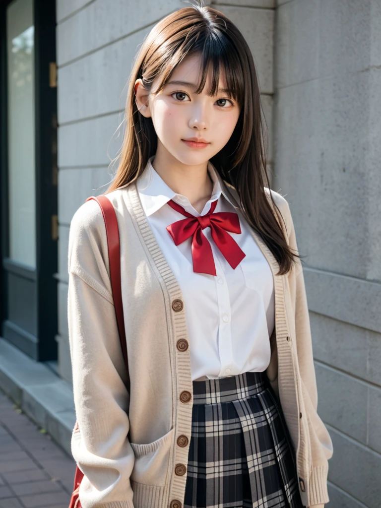 score_9,score_8_up,score_7_up,source_photo,
realistic,photo,(sharp focus),(backlit photo:1.4),dramatic shadows,raw lighting,dynamic angle,
BREAK
Japanese girl,
black eyes,(small eyes:1.1),
slim round face,
(school uniform),
(outerwear is pale beige cardigan:1.2),
(sleeves past wrists:1),
(innerwear is white collared shirt:1.2),
(red string neck ribbon:1.1),
BREAK
(bottomwear is black and grey plaid pattern skirt:1.2),(pleated skirt, miniskirt:1.2),
outdoor,upper_body,