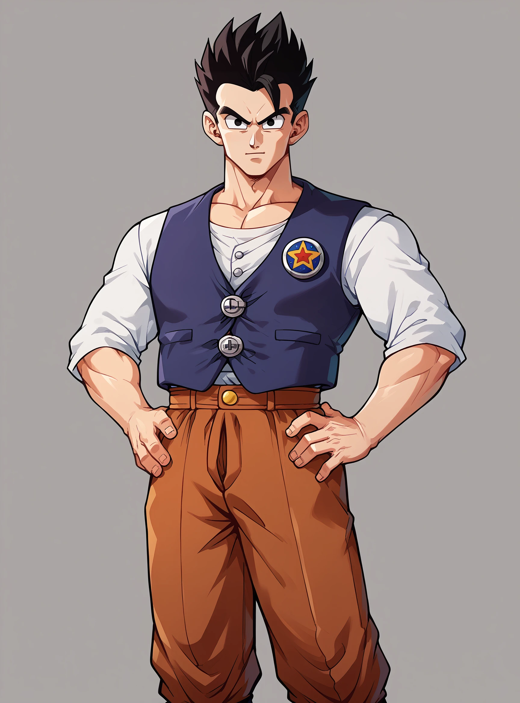 score_9, score_8_up, score_8, score_9, score_8_up, score_7_up,zPDXL2, source_anime,
gohanxl, solo, looking at viewer,  1boy,  pectorals, black hair, black eyes, 
black footwear, standing, brown pants, vest,button,  cowboy shot, upper body, portrait, hand on own hip, 
good_hands, better_hands,
<lora:gohanxl-000007:0.7> ,  <lora:pony_good_hands:1> ,   <lora:Pony_DetailV2.0:1> <lora:Smooth Anime 2 Style SDXL_LoRA_Pony Diffusion V6 XL:0.6>