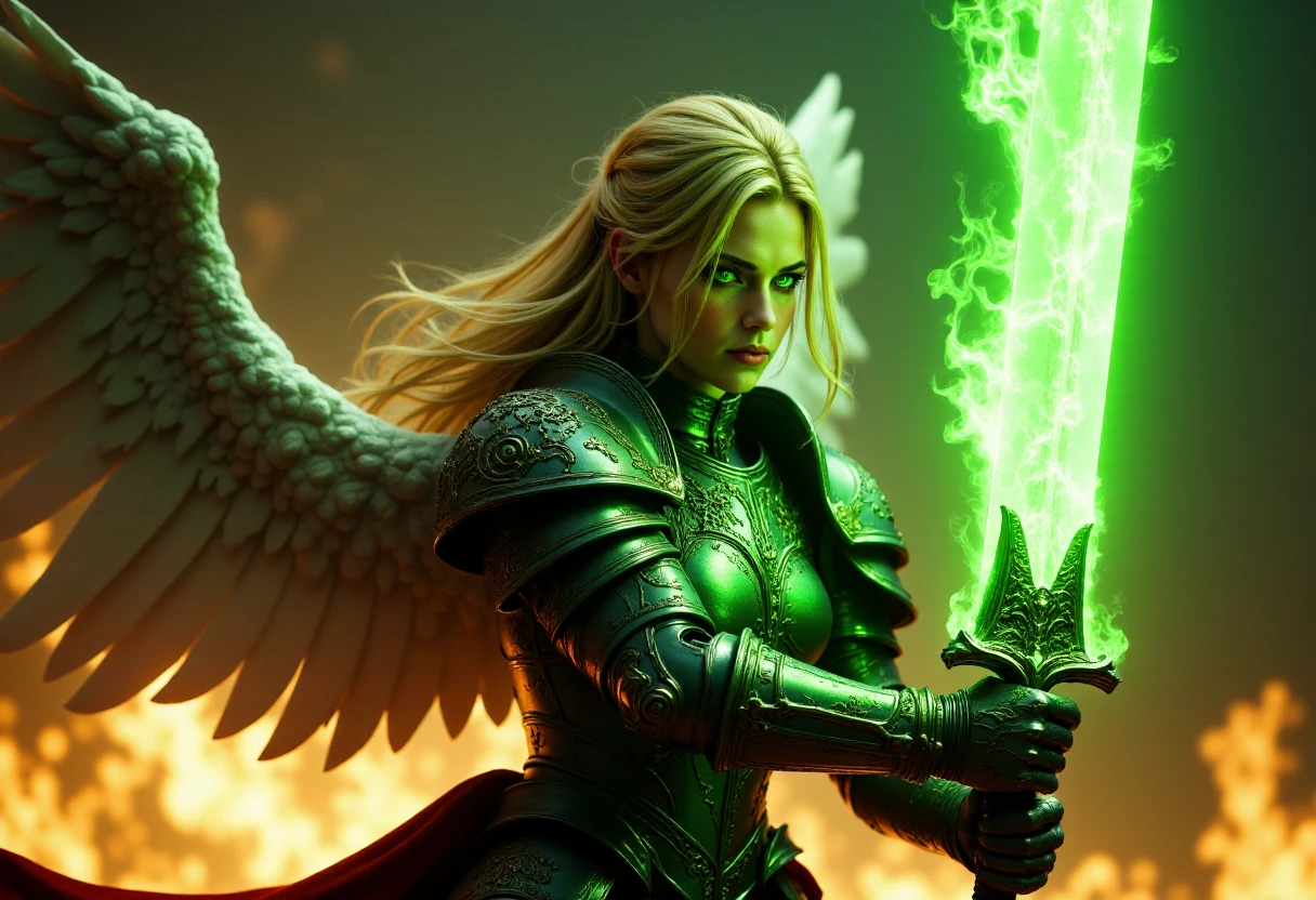 hkdetailer, a cinematic photograph of an male angel warrior with blonde hair, super detaild and beautiful face and green glowing eyes wearing shiny armor wielding a green flaming sword in an attacking pose, white and green wings on back, photorealistic, photography lighting, extremely detailed, shot on Sony A7R V with Leica lens, fire background <lora:FluxFantasyDetailerV2:0.85>