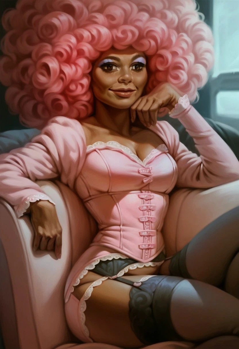 score_9_up, score_8_up, score_7_up, score_6_up, 1girl, solo, kate_k, afro, pink hair, brown eyes, dark-skinned female, stockings, garter belt, pink corset,, makeup, (lounging in a chair), smile, science fiction, (realistic, painted art)