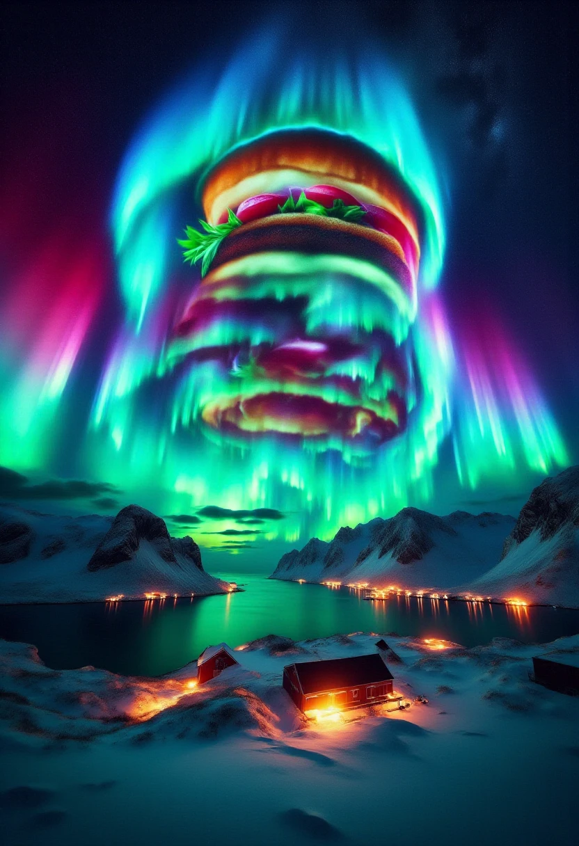 <lora:Aurora_BorealiStyler_FLUX-000018:1.3>
This is a digital artwork showcasing a breathtaking aurora borealis display in a nighttime snowy landscape. The central subject is a hamburger, stylized in glowing, ethereal colors, rendered in vibrant hues of green, blue, and pink, appearing to be formed by the swirling aurora lights.