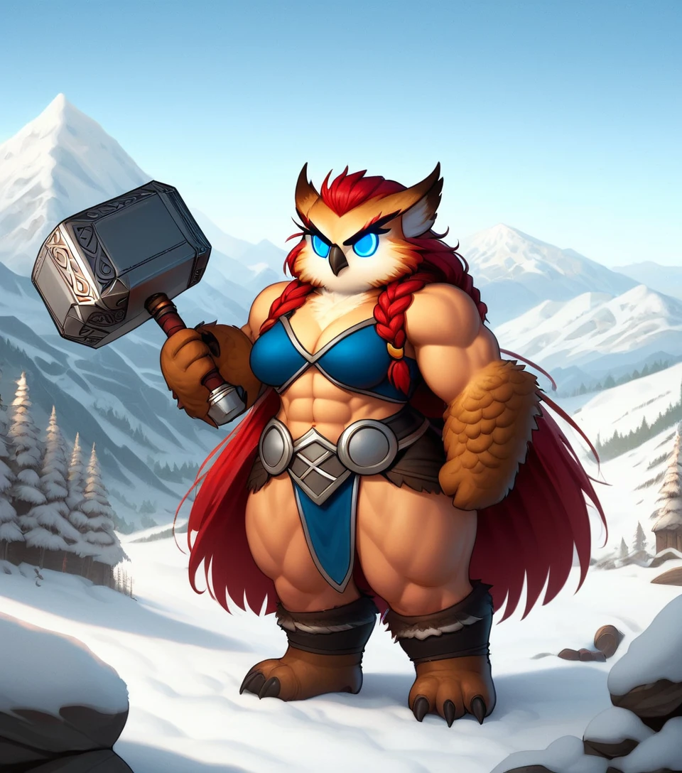 Ponyscores7, expressiveh, perfect face, perfect eyes, detailed face, detailed eyes, female owlbear, anthro owlbear, white federpelz, black beak, blue eyes, outdoor, thor outfit, holding hammer, mountains, snow, winter, standing, angry, thick eyebrow, red hair, braid hair, long hair, sideview, glowing eyes, white electric aura, thunder strikes in background, full body, muscular female, thick thighs, wide hips, medium breasts, abs