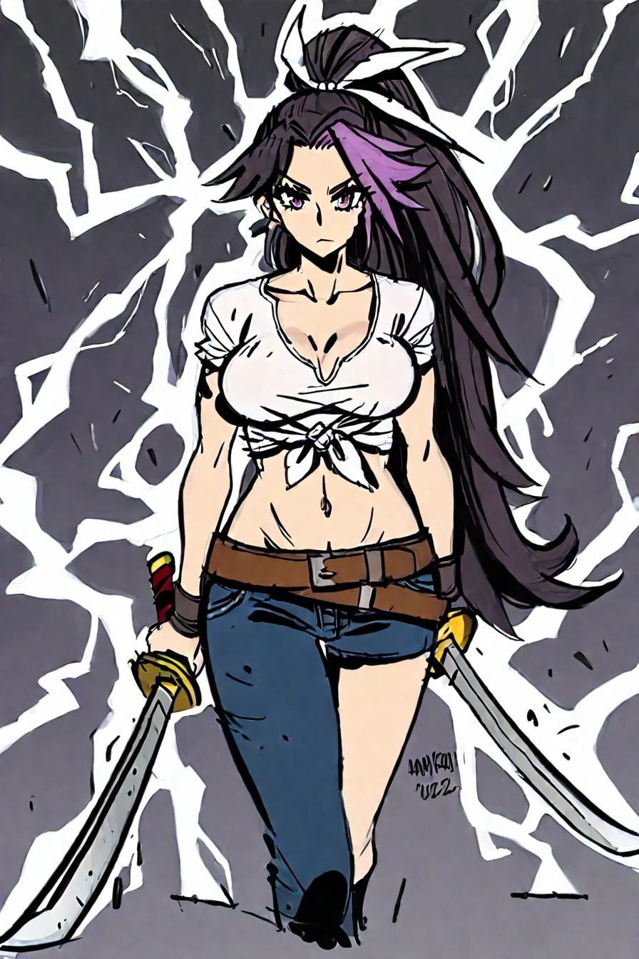 <lora:comic_drawing_style_illustriousXL:1>, comic_drawing_style, 1girl, looking at the viewer, asymmetrical clothes, navel, purple eyes, very long hair, tied shirt, midriff, hair ribbon, single pantsleg, white shirt, ponytail, black hair, large breasts, jeans, white ribbon, brown belt, purple hair, asymmetrical legwear, masterpiece, highres, lightning, katana, holding katana