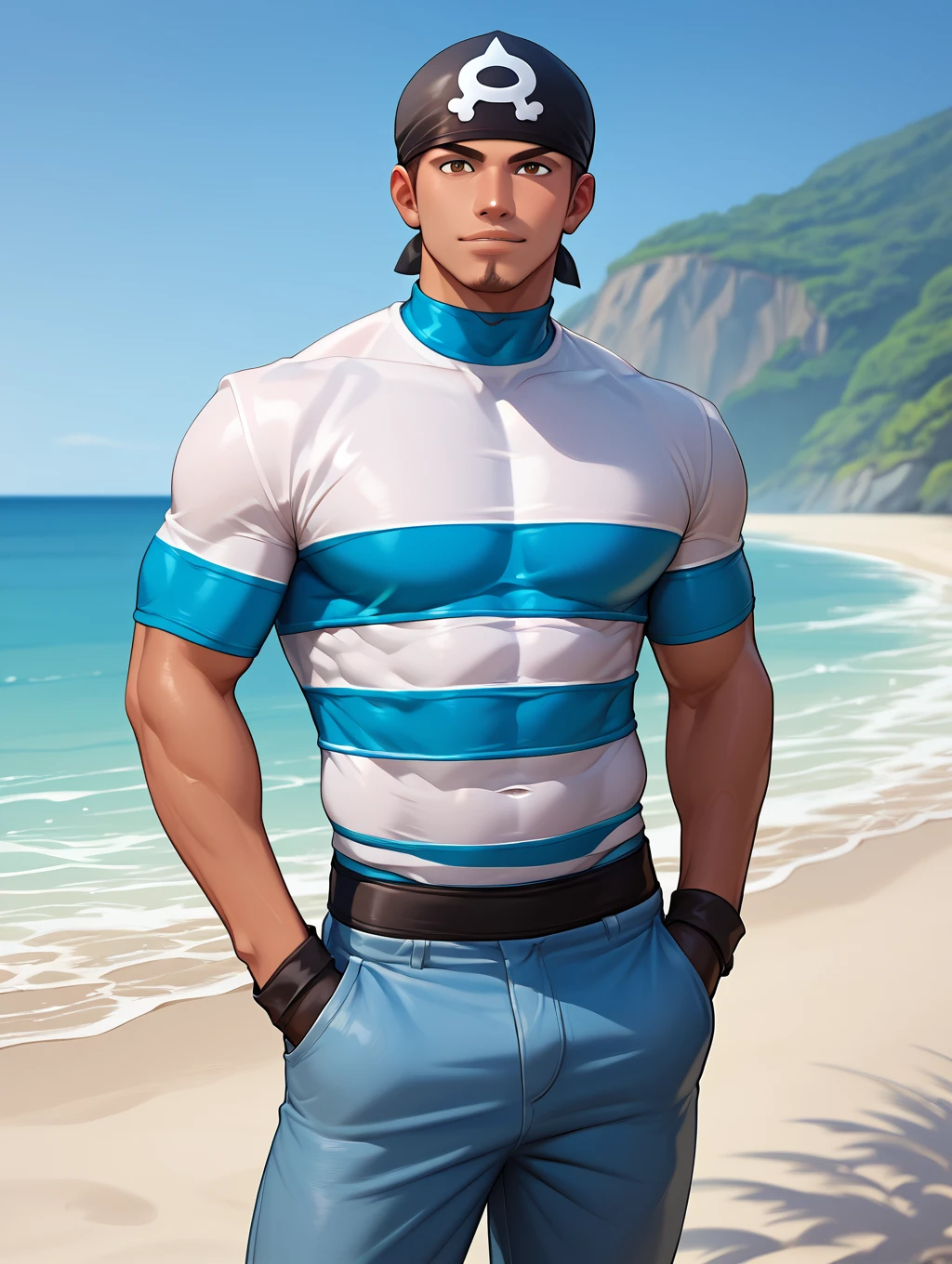 solo, teamaquamalegrunt, striped shirt, bandana, long pants, beach, outdoor, daytime, looking at viewer, black gloves, standing, tan, muscular, bara, hands in pocket, brown eyes <lora:Team_Aqua_Grunt_Male_PonyXL-09:0.93>, score_9, score_8_up, score_7_up, score_6_up,