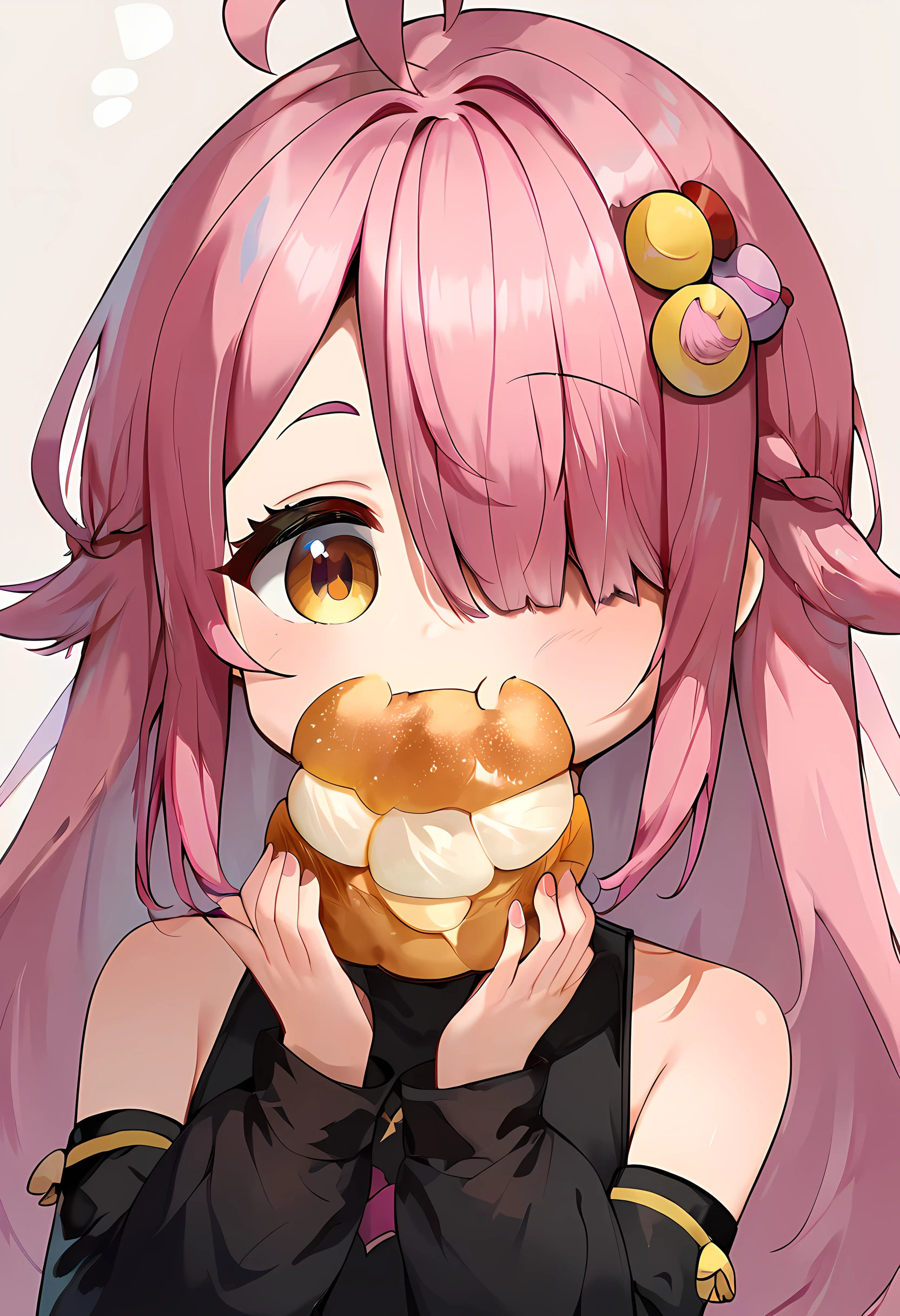 score_9, score_8_up, score_7_up, score_6_up, 1girl, yellow eye, pink hair, long hair, hair over one eye, ahoge, black crop top, detached sleeves, black sleeves, hair ornament, chibi, cute, upper body, holding, food, eating, cream puff,  <lora:Cream_puff:1>