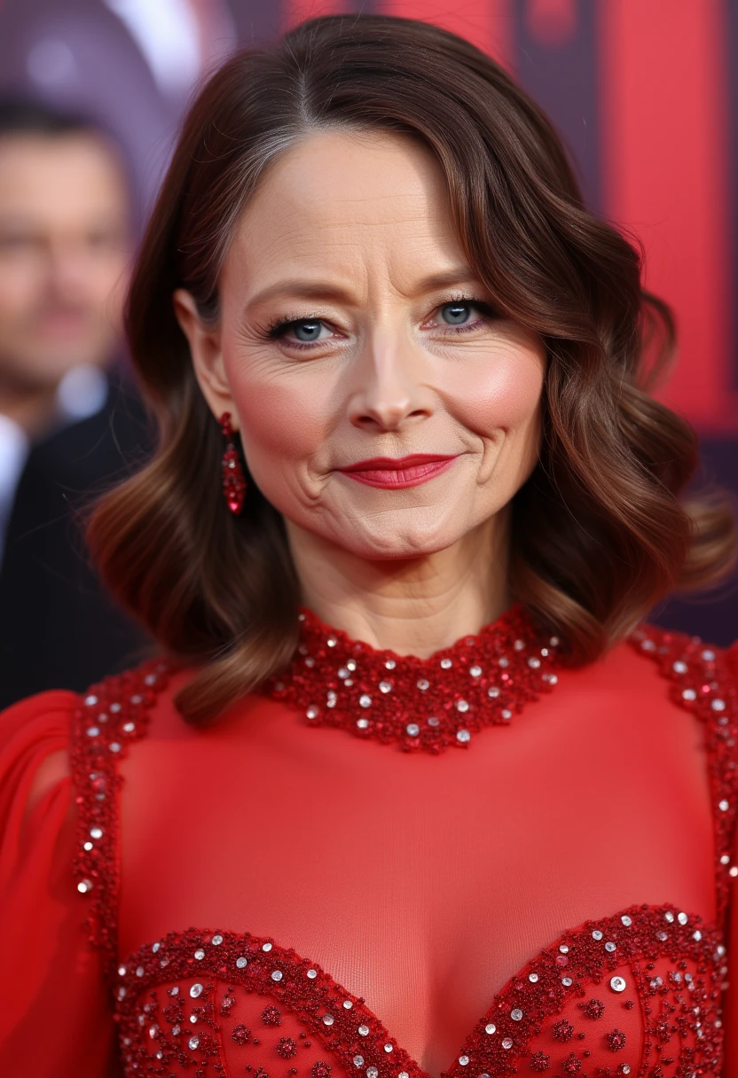 A closeup photo of TOK in front of a movie premier in a glam dress