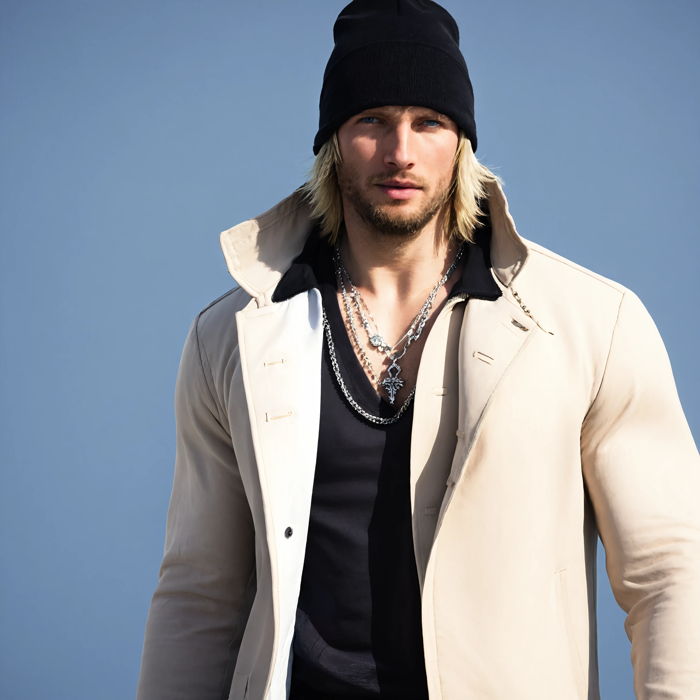 score_9, score_8_up, score_7_up, score_6_up, 1male, solo, snowvilliers, solo, blonde hair, 1boy, hat, jewelry, blue eyes, male focus, necklace, lips, facial hair, beard, coat, jacket, shirt, realistic, stubble, beanie, muscular