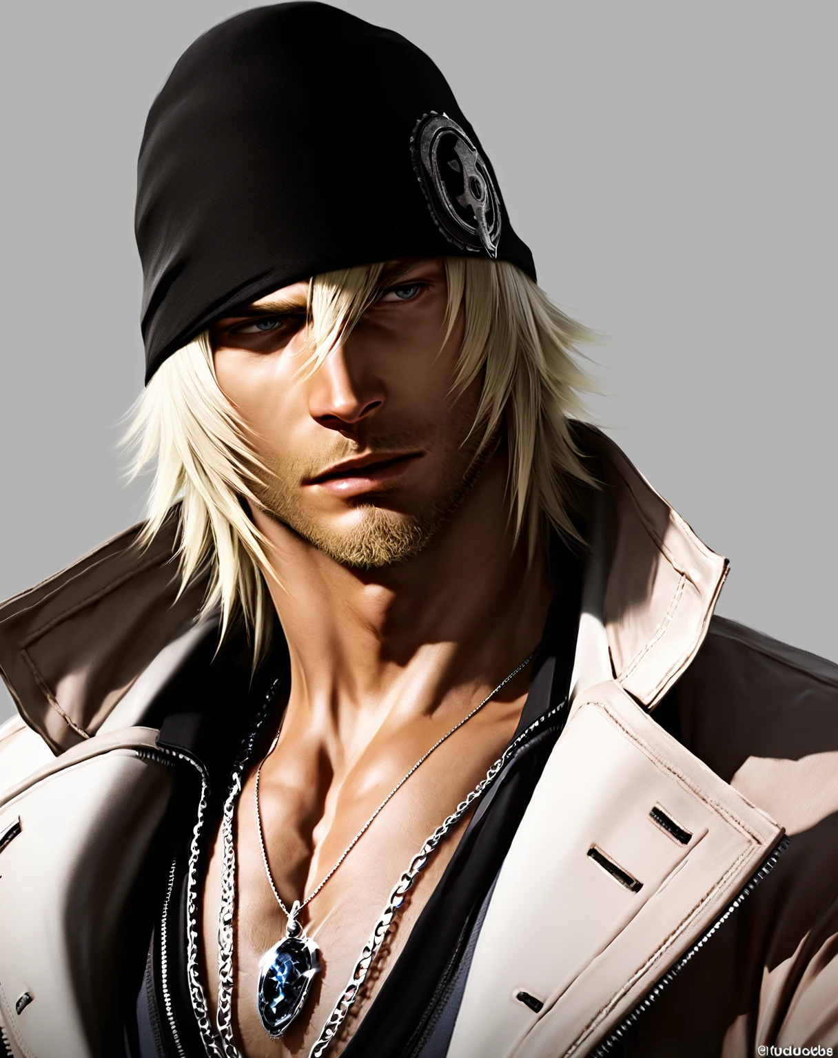 score_9, score_8, score_7, snowvilliers, solo, blonde hair, 1boy, hat, jewelry, jacket, shirt, male focus, necklace, facial hair, goatee, realistic, stubble, beanie, realistic, dizdoodz