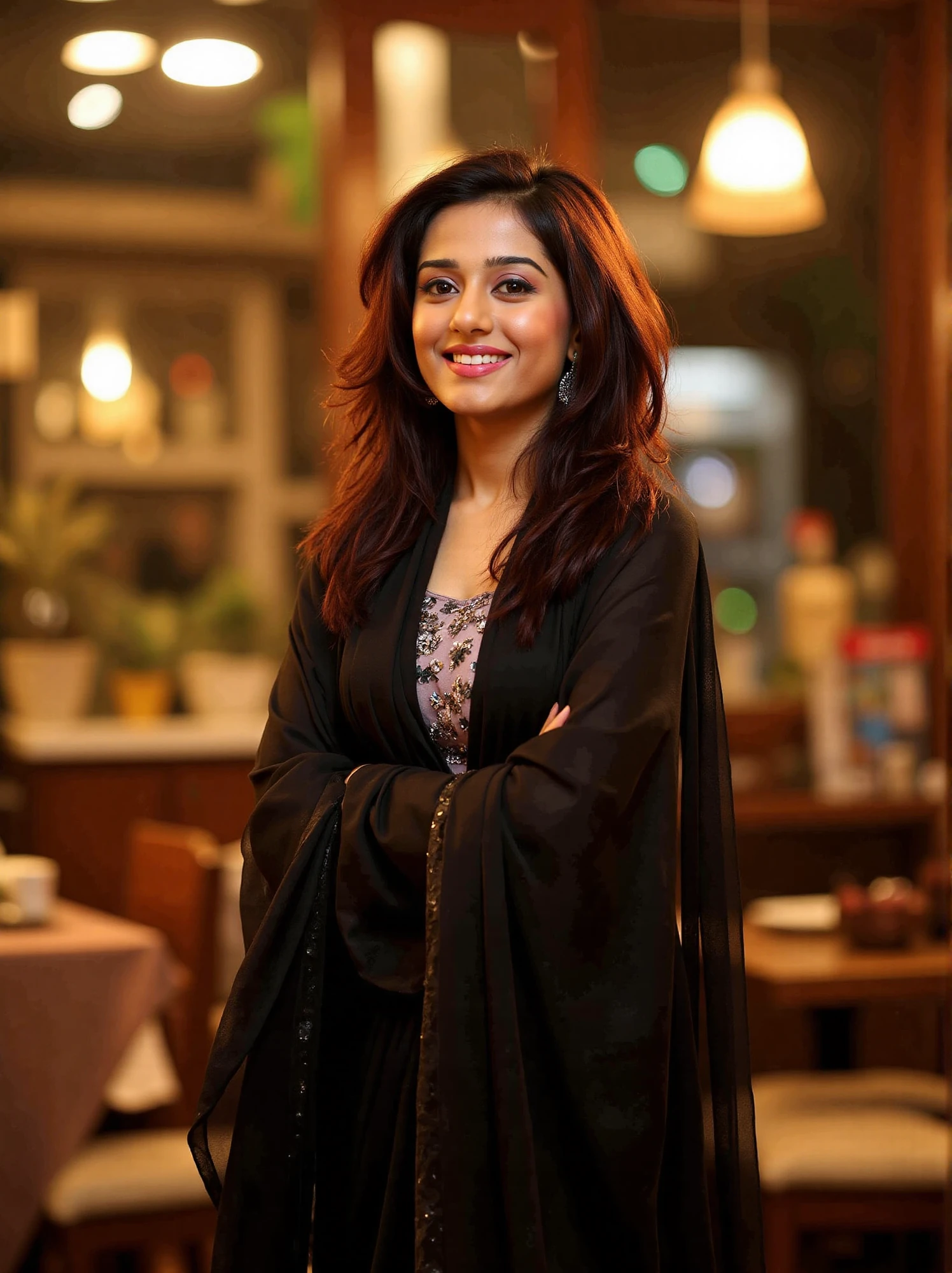 A dazzling shot of a woman smiling with long dark brown hair standing, a black stunning saree in a nicely lit cafe. Her eyes are wide open, and her lips are pink. and the womans hair cascades over her shoulders,amritar