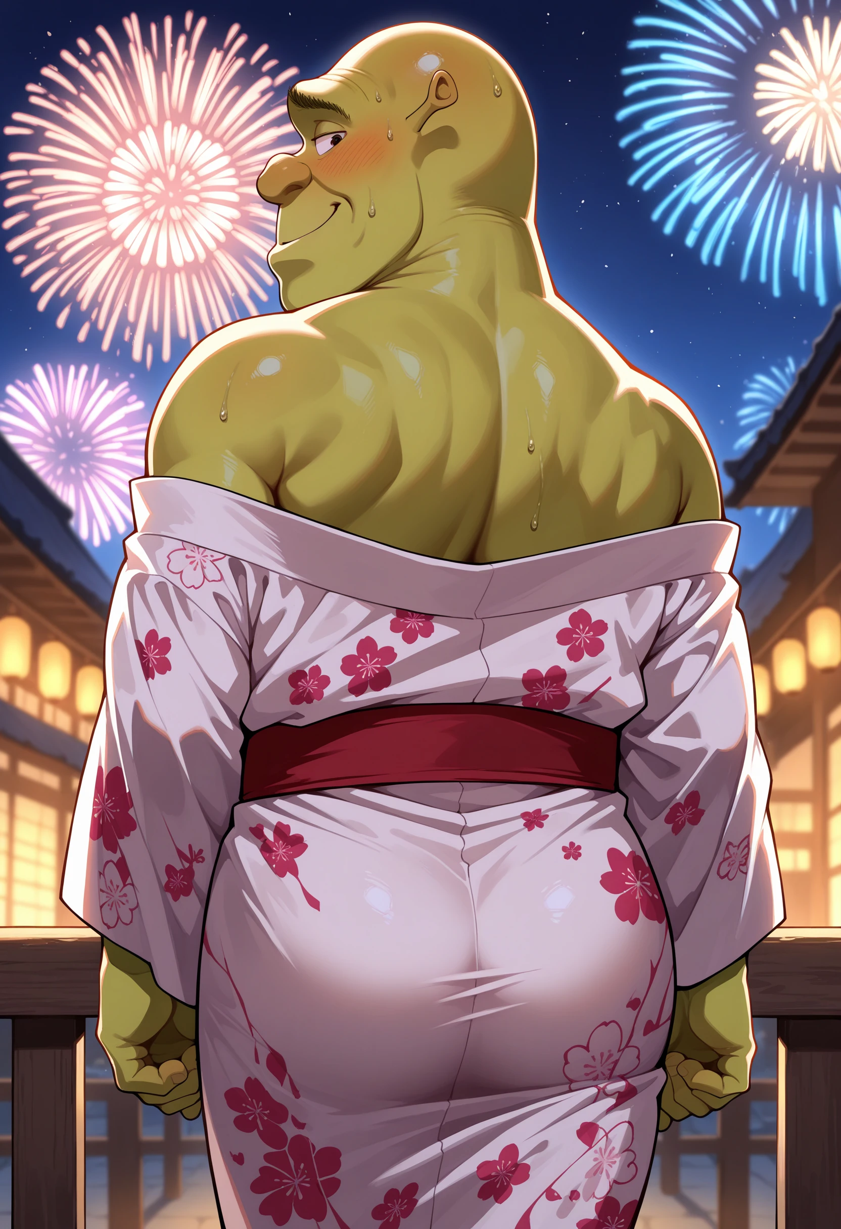 masterpiece, best quality, newest, absurdres, highres, masterpiece, best quality, 1boy, shrek, bald, green skin, <lora:Shrek_illusXL_Incrs_v1:1>, looking back, from behind, off-shoulder kimono, smirk, blush, bare shoulders, rimlight, night, japanese clothes, fireworks, depth of field, sweat, arms at sides