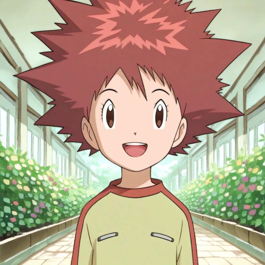 score_9, score_8_up, score_7_up, source_anime, prefect lighting, very aesthetic, intricate details, highly detailed background, high quality, prefect hands, best quality, digimon, burgundy hair, spiked hair, dark brown eyes, fair skin, younger, indoors, living room, looking at viewer, closed mouth, urban clothes, outdoors, garden, looking at viewer, smile, upper body, open mouth, upper teeth,