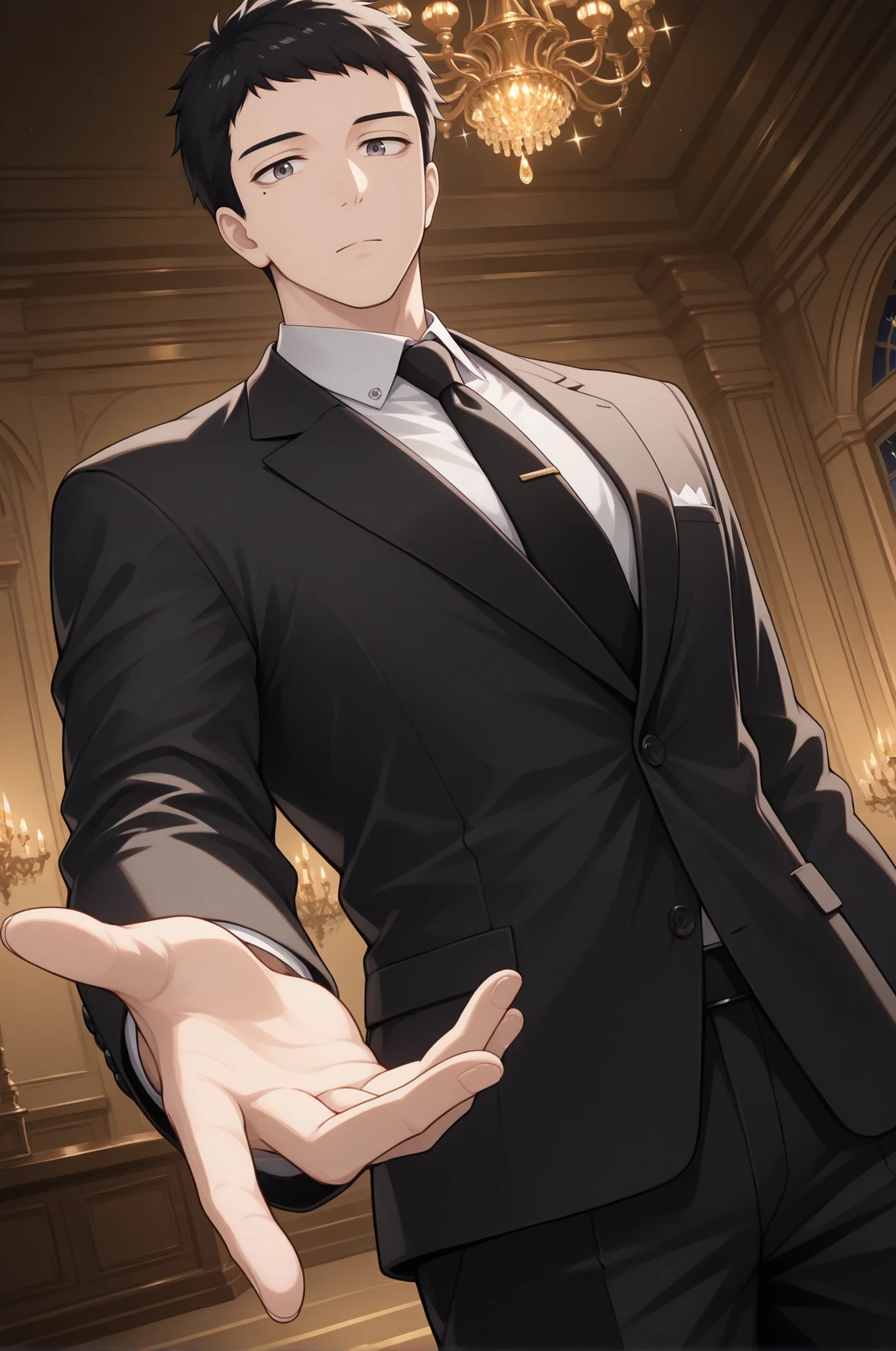 masterpiece, best quality, dutch angle, looking at viewer, expressionless, 1boy, g0j0, black hair, short hair, grey eyes, formal, black suit, black necktie, reaching towards viewer, beckoning, indoors, night, chandelier, sparkle, shiny, architecture, <lora:Hoseki_MyDressUpDarling_WakanaGojo_IllustriousXL_v1:1>