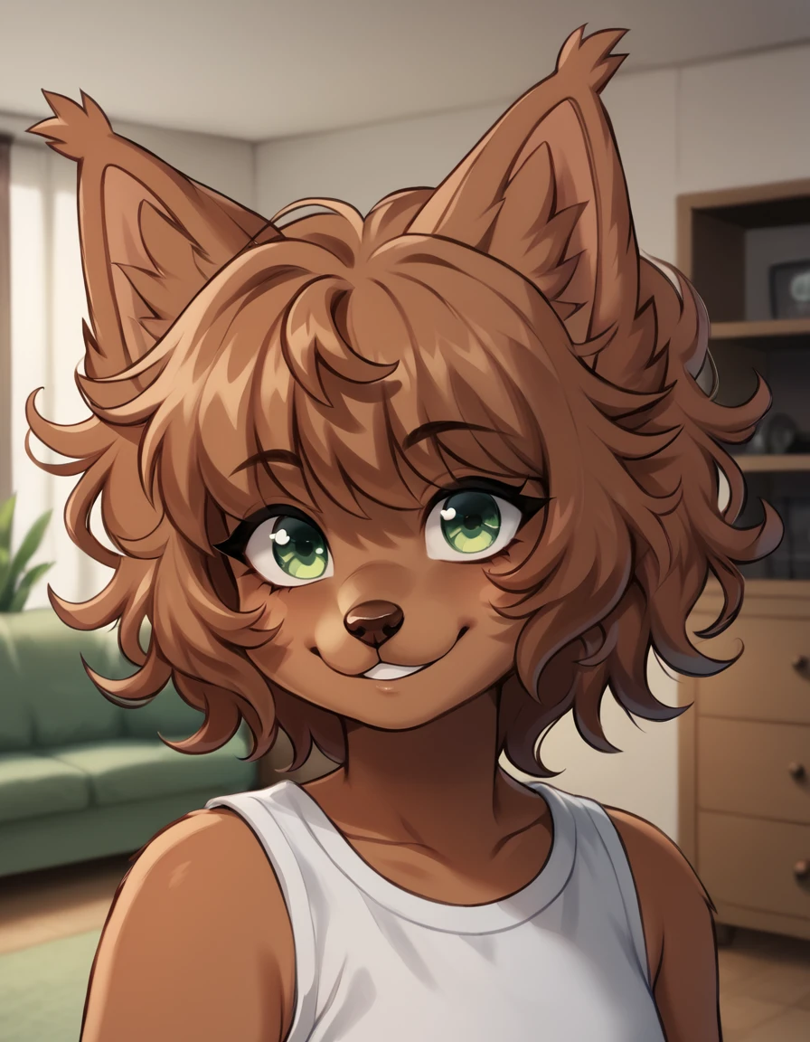 indoors,living room,
Aika,1girl,solo,dog girl,brown hair,animal ears,furry female,dark-skinned female,green eyes,tail,short hair,animal nose,dog ears,messy hair,dog tail,bangs,
upper body,headshot,smile,long eyelashes,parted lips,
<lora:Aika_v01_PDXL:1>,