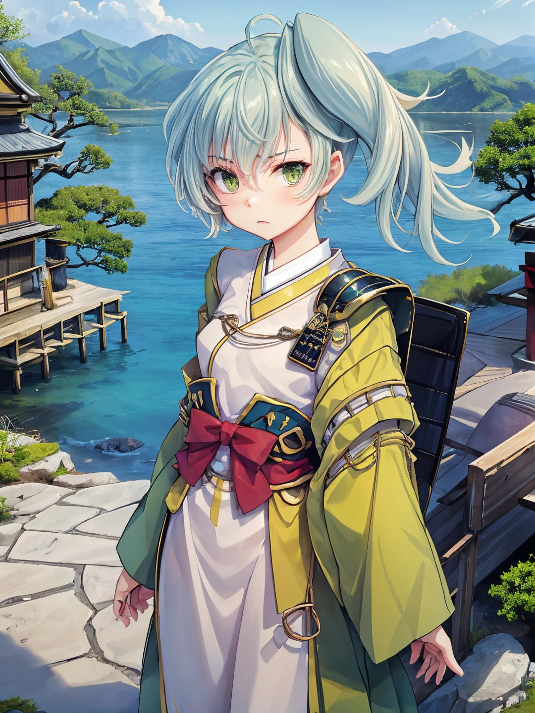 <lora:Kobayakawa_Takakage_ONnY_0R:0.7>
kobayakawatakakage, green hair, short hair, side ponytail, green eyes
japanese clothes, hakama, armor
masterpiece, best quality, ultra-detailed, detailed, detailed skin, absurdres, 8k, digital art
1girl, solo, facing viewer, standing, looking at viewer, standing, cowboy shot
(outdoors, feudal japan, village, rural, ocean, mountain, bonsai, hut)