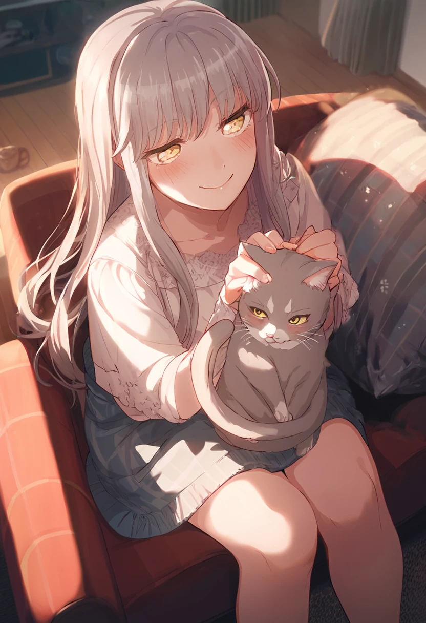 score_9, score_8_up. score_7_up, 1girl,<lora:yukina:1> YUK!N4, long hair, bangs, grey hair, yellow eyes, sitting, couch, cat on lap, petting, smile, spoken heart, blush, flustered, looking down,