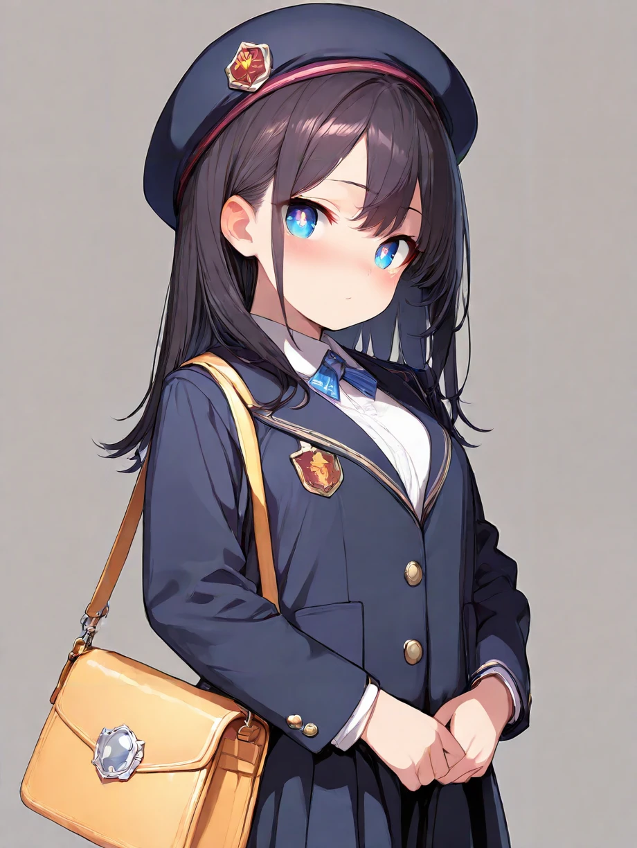 masterpiece,ultra-detailed,best quality,amazing quality,8K,illustration,vivid,CG,cute face,shiny hair,shiny skin,ultra-detailed-eyes,solo,girl,simple background,
 <lora:youchien_illustrious_V2.0:0.8> jyojifuku, beret, jacket, skirt, school uniform, shoulder bag