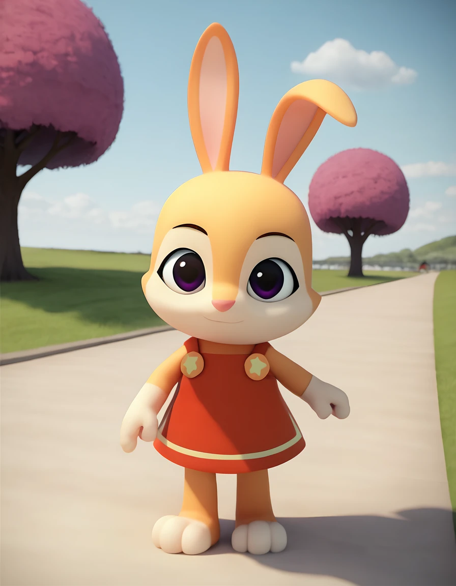 score_9,  jenipkwsr, rabbit, red dress, looking at viewer, outdoors