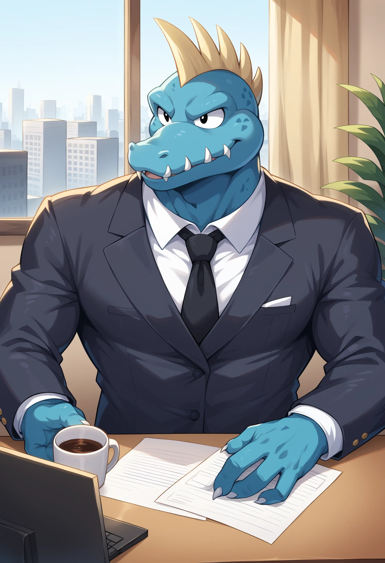 zPDXL3, score_9, score_8_up, score_7_up, detailed face, detailed body, detailed background, perfect anatomy, masterpiece, high quality, best quality, indoors, office, window, city BREAK krusha, spiky teeth, anthro, reptile, crocodile, black eyes, blue skin, muscular, sitting, desk, computer, suit, tie, holding coffee <lora:Krusha_DonkeyKong_V1:1>