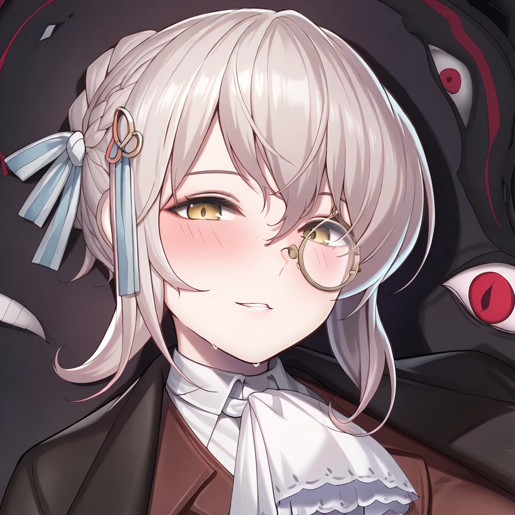 edel_meitner, 1girl, solo, monocles, seductive smile, yellow eyes, blush, braid, bangs, parted lips, grey hair, hair ribbon, ribbon, close-up, lying, on back, eldritch abomination, vest, ascot, coat, white shirt, brown vest, black coat, jacket, defaultoutfit,  <lora:EdelMeitnerIllustriousXL:1>, (masterpiece),(best quality),(ultra-detailed),(best illustration),(best shadow),(absurdres),(detailed background),(very aesthetic),