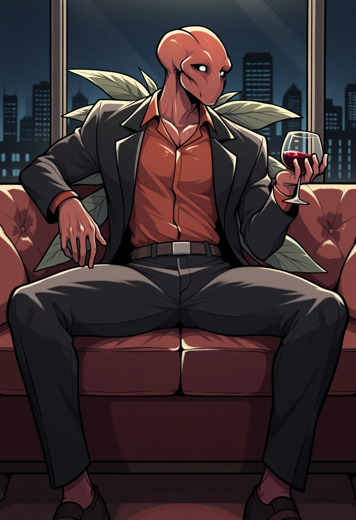 masterpiece, best quality, 1boy, solo, BrackenLethalCompany, white eyes, monster, wings, leaf, sitting, indoors, on couch, holding glass, wine glass, suit, black jacket, collared shirt, white shirt, belt, black pants, black shoes, skyscraper, window, night, skyline, cityscape, <lora:ChamBrackenIllustriousXL:1>