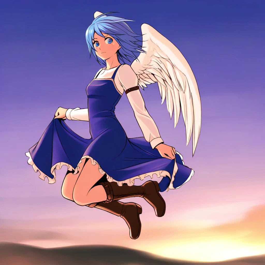 <lora:VeneAnsbach:0.8>,vene,short hair,blue hair,blue eyes,dress,long sleeves,,blue dress,shirt,white shirt,boots,wings,angel wings, , sky, masterpiece, best quality, amazing quality, newest