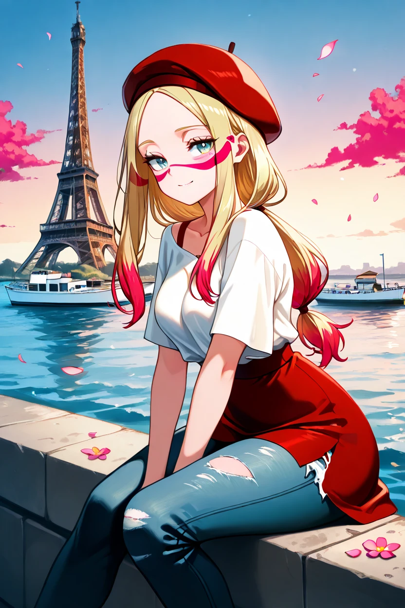 masterpiece, best quality, 32k, high resolution, absurdres, medium breasts, (curvy), cute, eyelashes, vivid colors, BREAK  ,,, zzMina, long hair, eyelashes, half-closed eyes, facepaint, collarbone, white shirt, oversized shirt, off shoulder, short sleeves, torn clothes, torn pants, jeans, <lora:MinaPokemonIXL_v2:1.0>,   zzEiffelTower in background, sitting, red dress, red headwear, watercraft, boat, sitting on wall, side view, looking at viewer, smile, BREAK, blooming stars, luminescent petals, otherworldly fragrance blurry background, smile, looking at viewer,  <lora:EiffelTowerIXL_v2:1.0>,