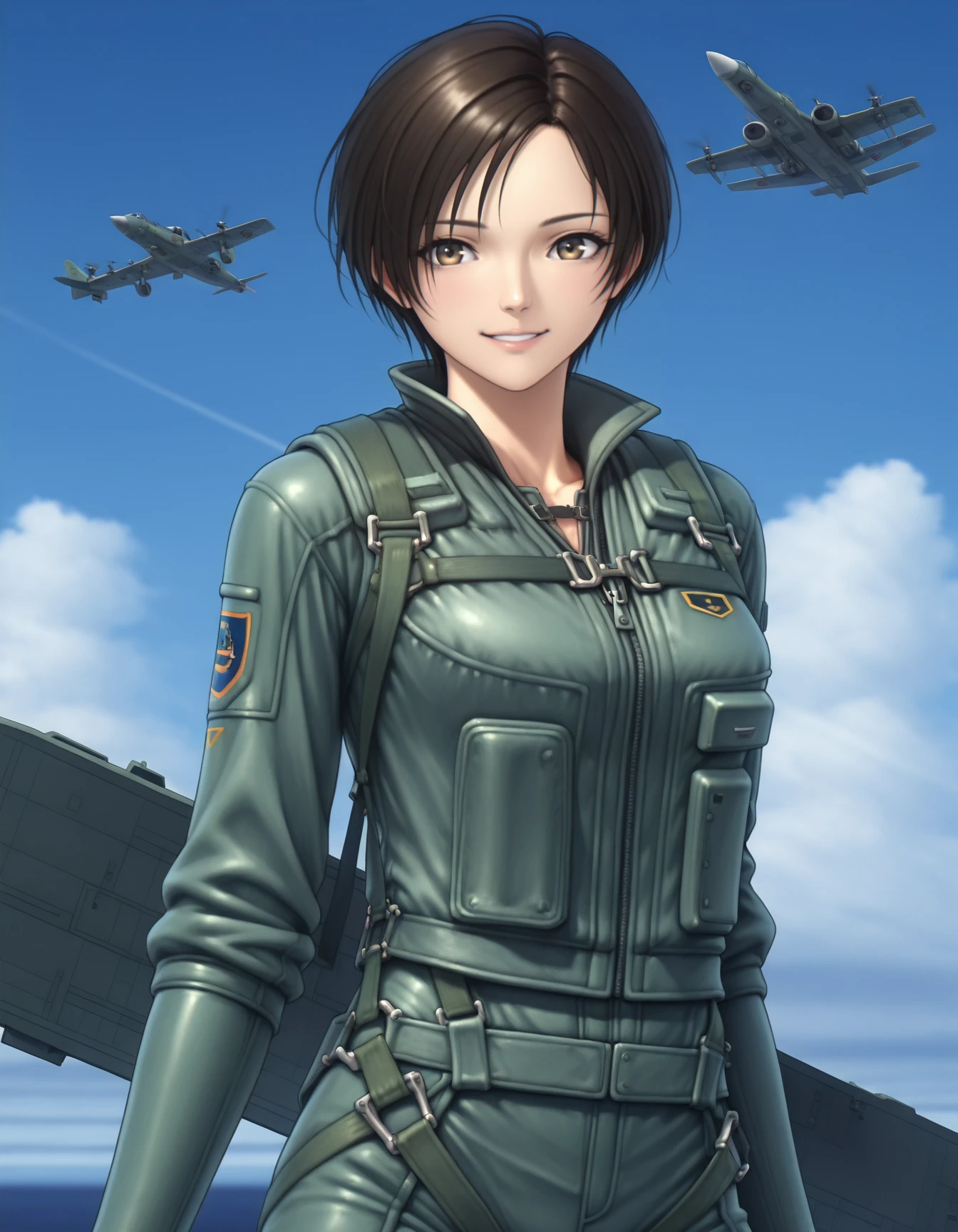 <lora:nagase-kei-ac5-v2-illustrious-000030:1> n4g4s3ke1, pilot suit
1girl, solo, smile, flight deck, aircraft, blue sky
masterpiece, best quality, masterpiece, best quality