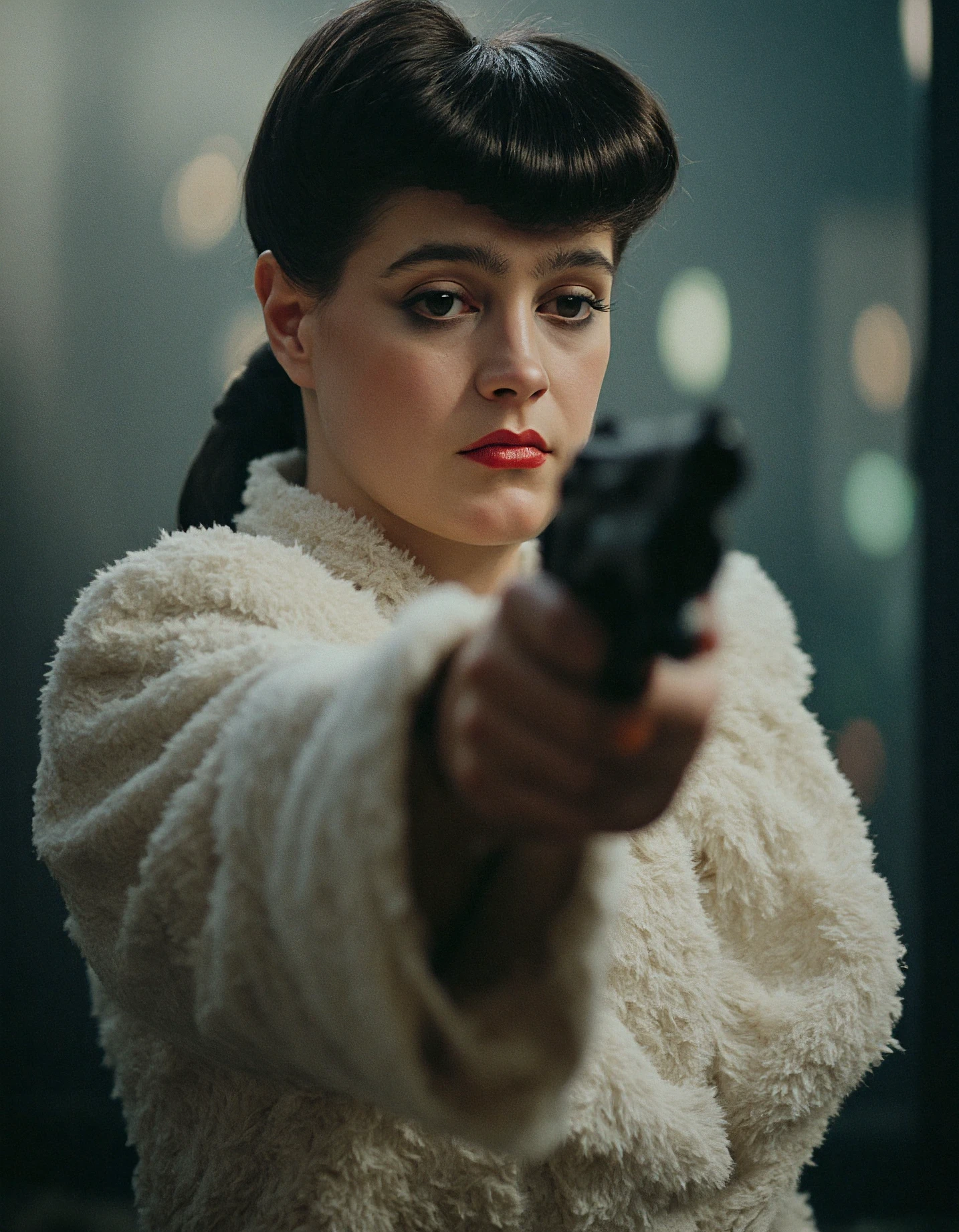 a cinematic still of rachael.Rachael is wearing a white fur coat, she has lipstick and eyeshadow,she is pointing a gun.
The photo is enhanced by depth of field,volumetric lighting,film grain,volumetric fog.
The lighting is dark and gloomy and the colors are muted.
Her skin texture is extremely detailed and sharp,her pores are sharp and visible.