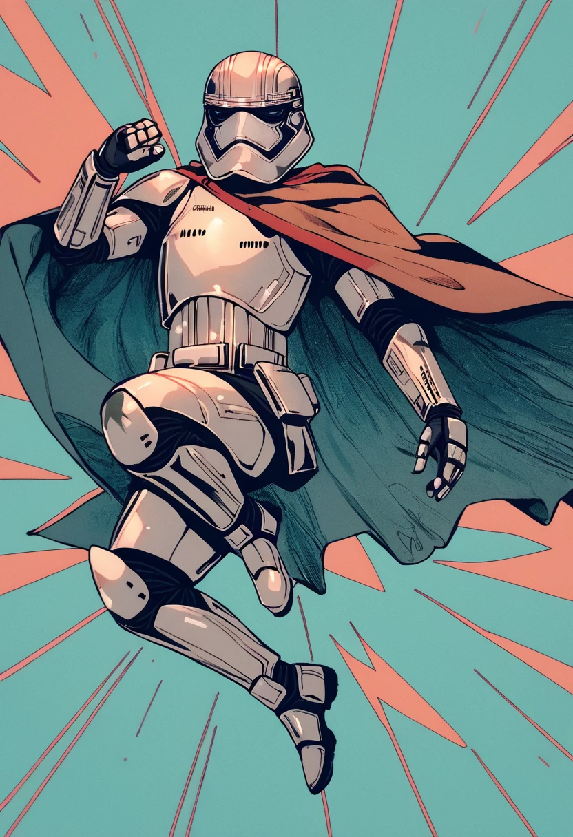 <lora:phasma-pxl:1> phasma-pxl, captain phasma, long cape, solo, Turquoise background grid background, flying kick, portrait, pleated clothes, score_9, score_8_up, score_7_up, score_6_up, score_5_up, score_4_up