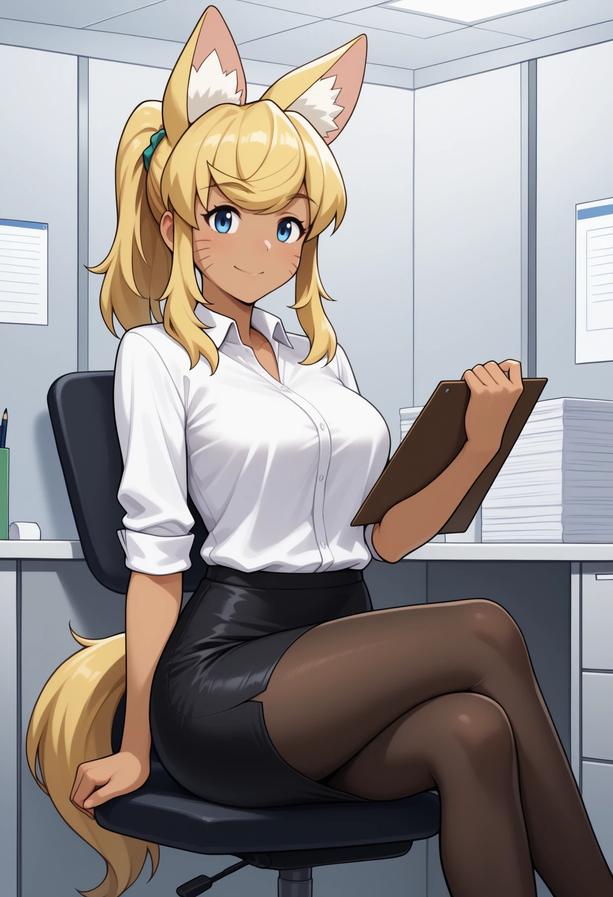 masterpiece, best quality, <break> solo, 1girl, l1ru, dark-skinned female, yellow tail, wolf tail, whisker markings, smile, looking at viewer, sitting, swivel chair, crossed legs, holding clipboard, long hair, blonde hair, ponytail, wolf ears, animal ear fluff, extra ears, blue eyes, white shirt, collared shirt, sleeves rolled up, black skirt, pencil skirt, black pantyhose, indoors, office, cubicle
<segment:yolo-Anzhc Face seg 640 v2 y8n.pt,0.4,0.5//cid=1>