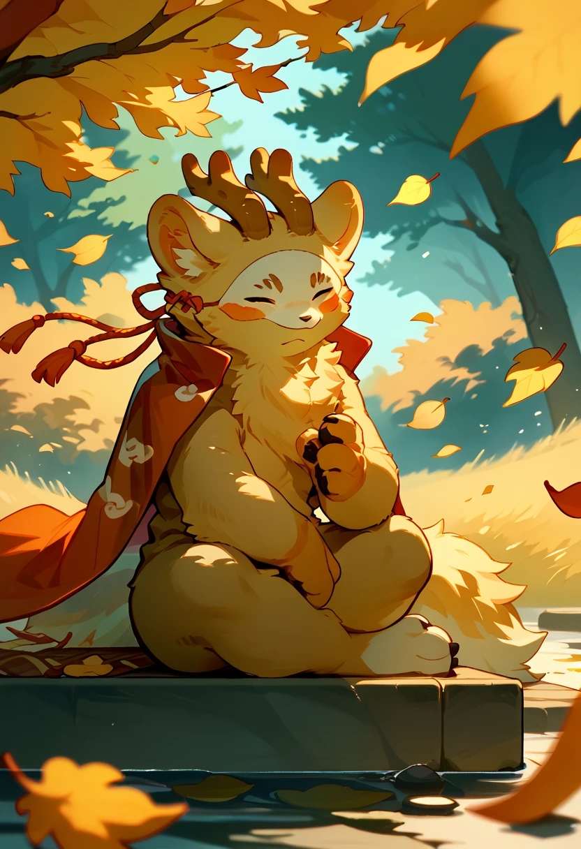 score_9, score_8_up, score_7_up, sibuxiang, closed eyes, furry, solo, 1boy, looking at viewer, <lora:Sibuxiang_Fabulous_Beasts:1>, wind, golden leaves, tree, sitting, <lora:add-detail-xl:1>