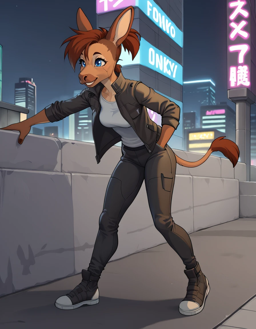 outdoors, tokyo \(city\), cyberpunk, neon lights, 
Kelly,1girl,solo,donkey girl,brown hair,animal ears,blue eyes,furry female,short hair,short ponytail,donkey ears,animal nose,donkey tail,body fur,
full body,smile,long eyelashes,happy,
black leather pants, white shirt, leather jacket, 
<lora:Kelly_v001_PDXL:1>,